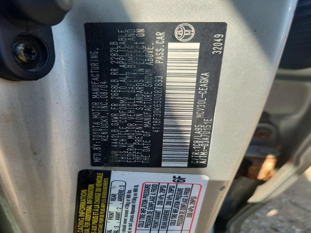 2005 Toyota Camry Xle V6 Silver vin: 4T1BF30K65U087893