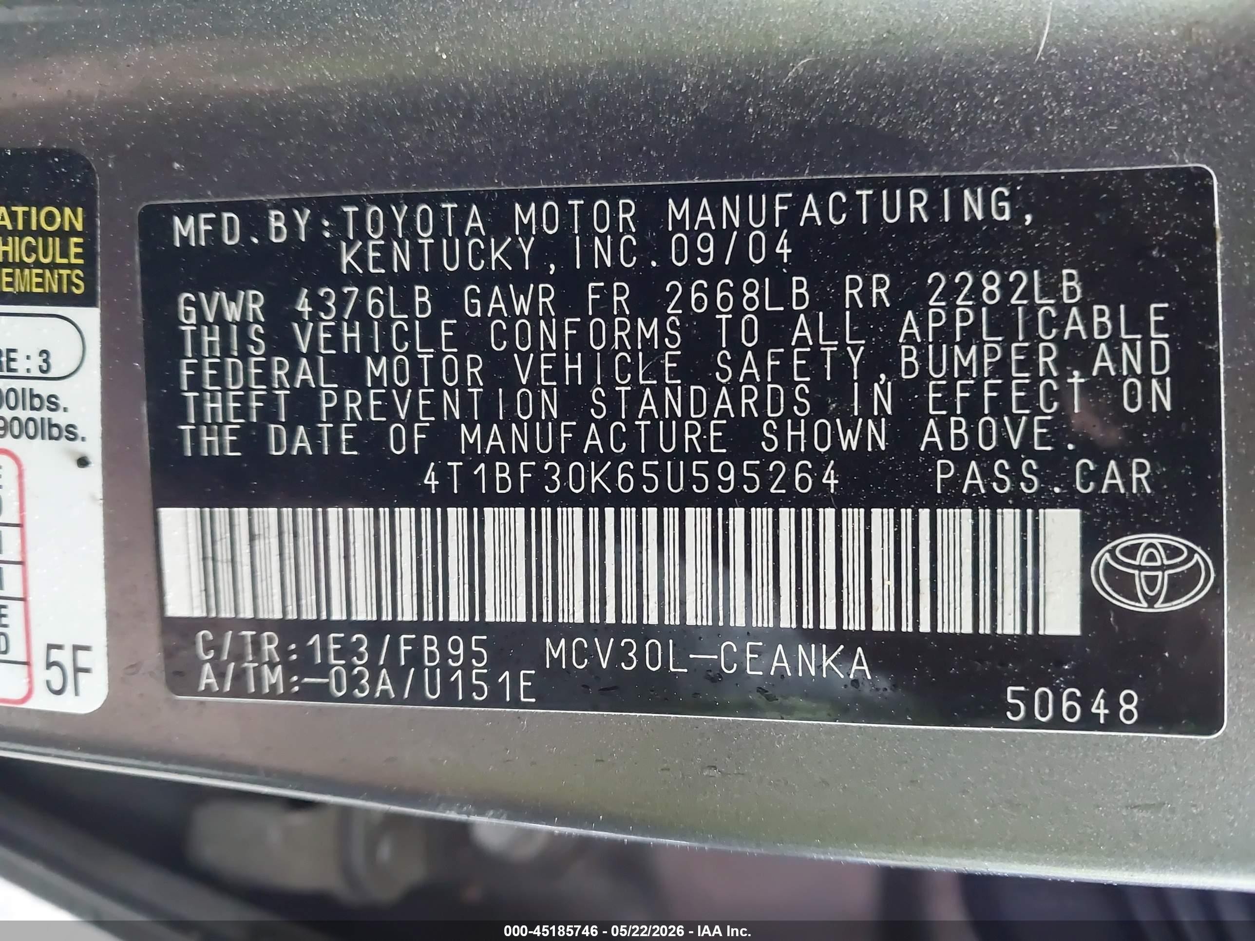 2005 Toyota Camry Le V6 Gray vin: 4T1BF30K65U595264