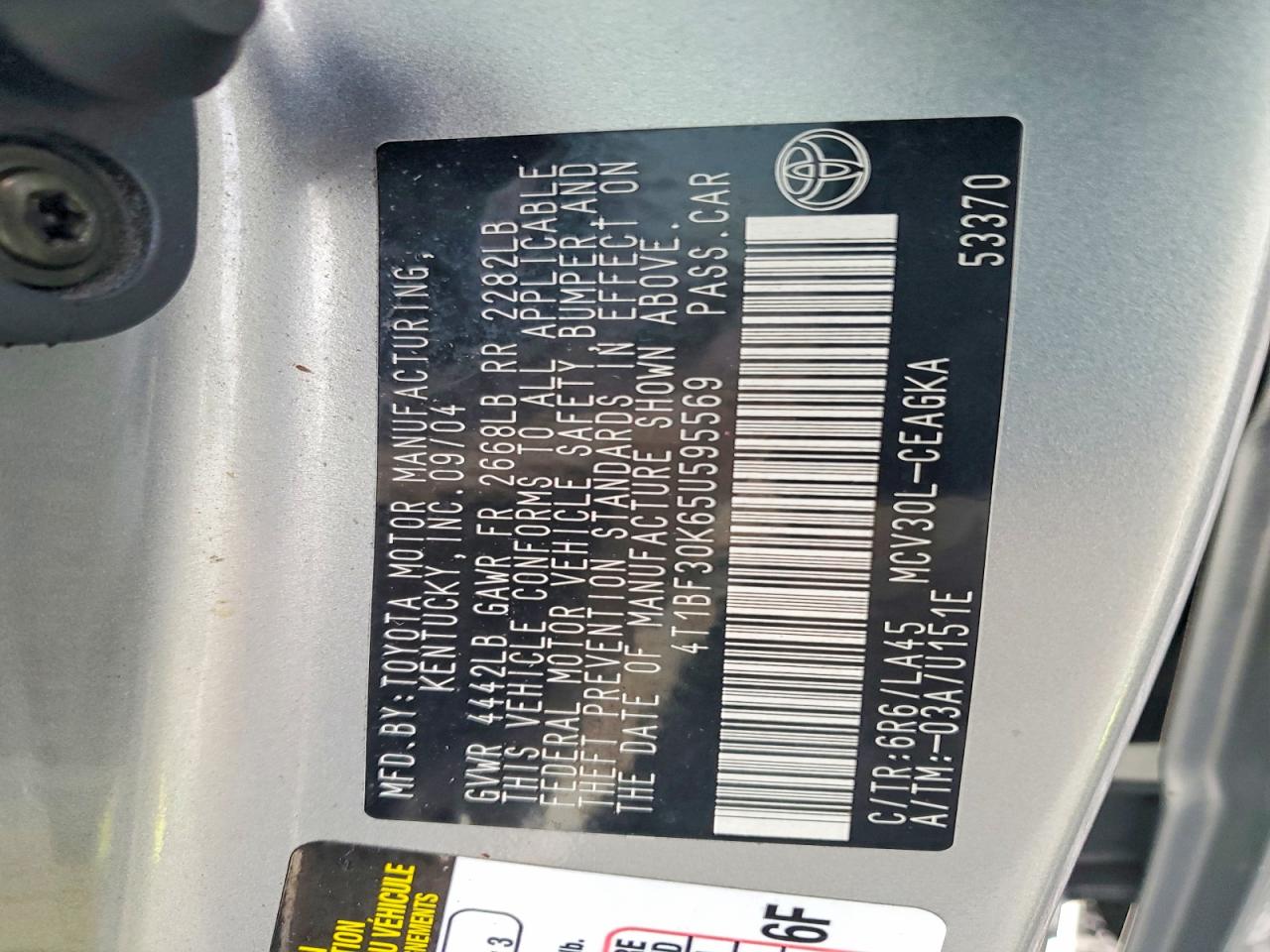 2005 Toyota Camry Xle V6 Silver vin: 4T1BF30K65U595569