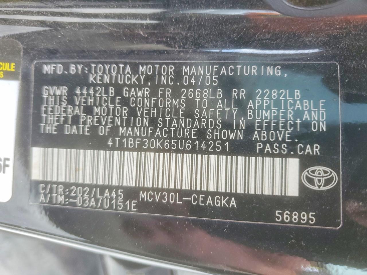 2005 Toyota Camry Xle V6 Black vin: 4T1BF30K65U614251