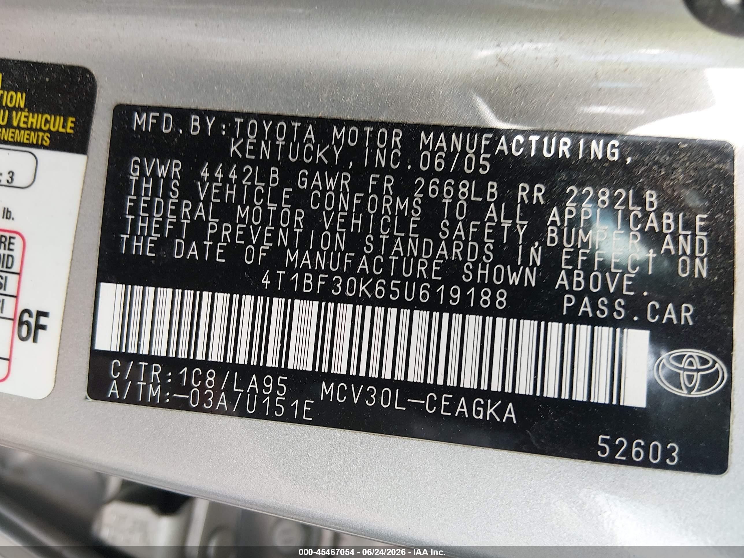 2005 Toyota Camry Xle V6 Silver vin: 4T1BF30K65U619188