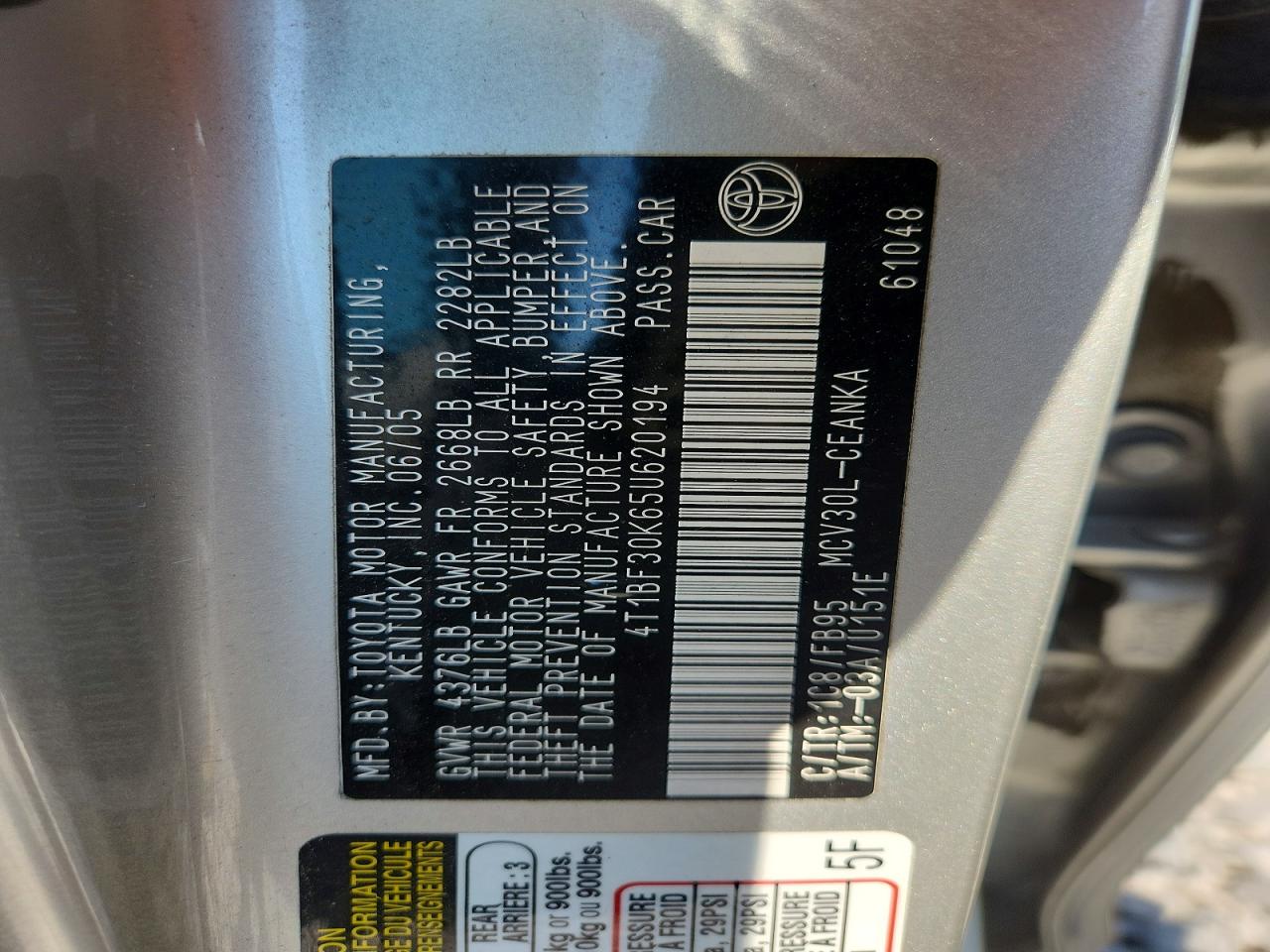 2005 Toyota Camry Le V6 Silver vin: 4T1BF30K65U620194