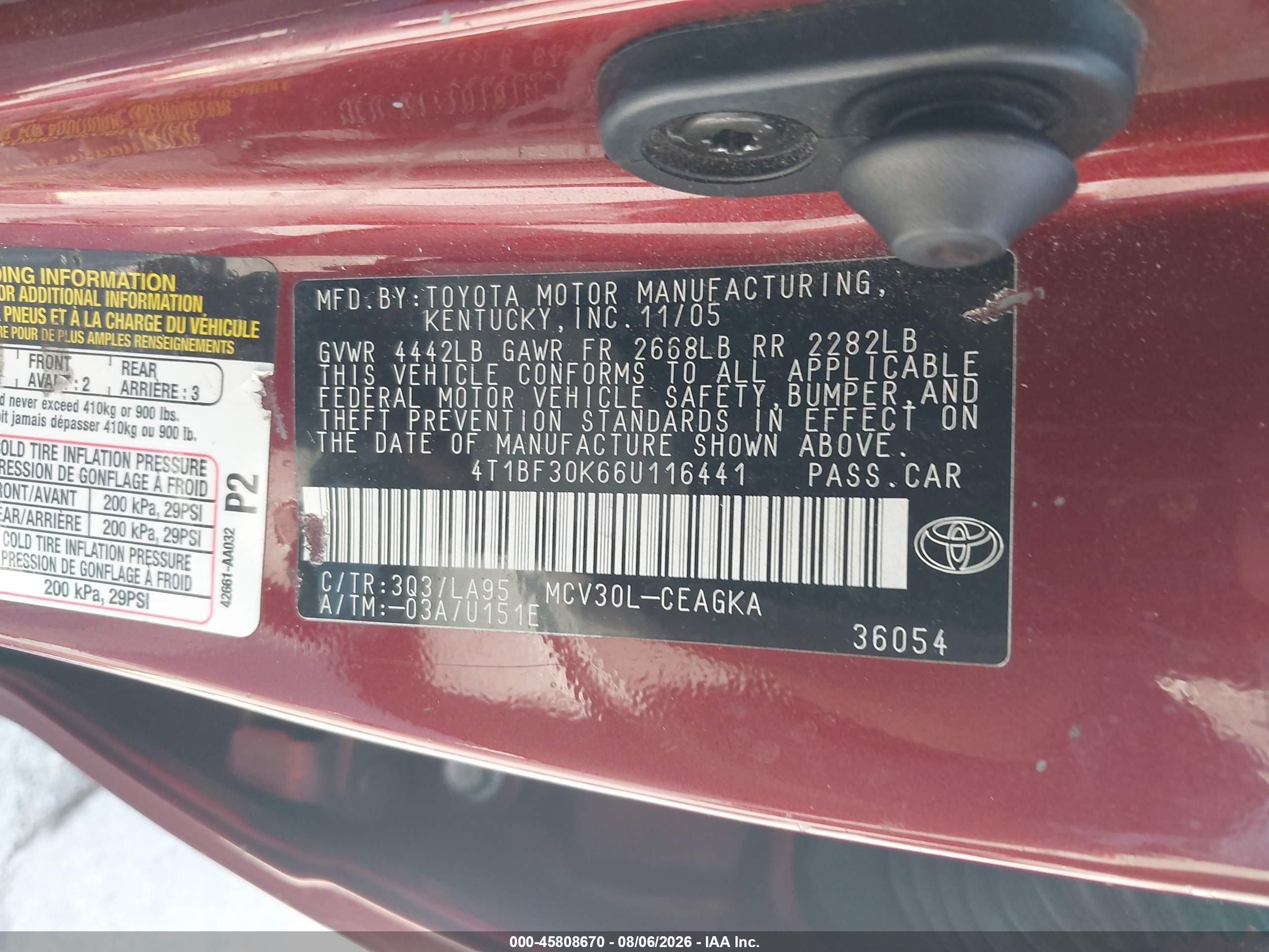 2006 Toyota Camry Xle V6 Burgundy vin: 4T1BF30K66U116441