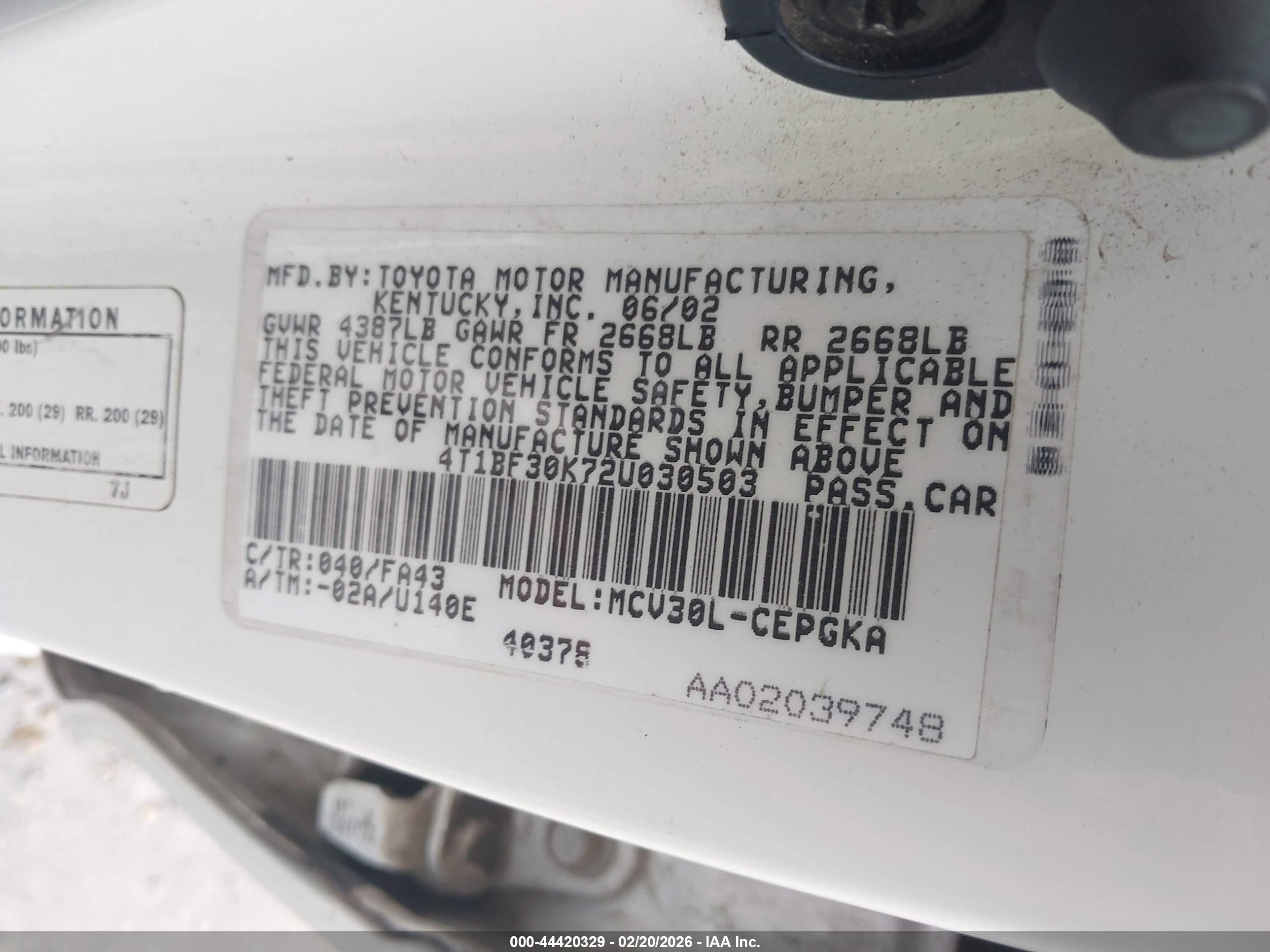 2002 Toyota Camry Xle V6 White vin: 4T1BF30K72U030503