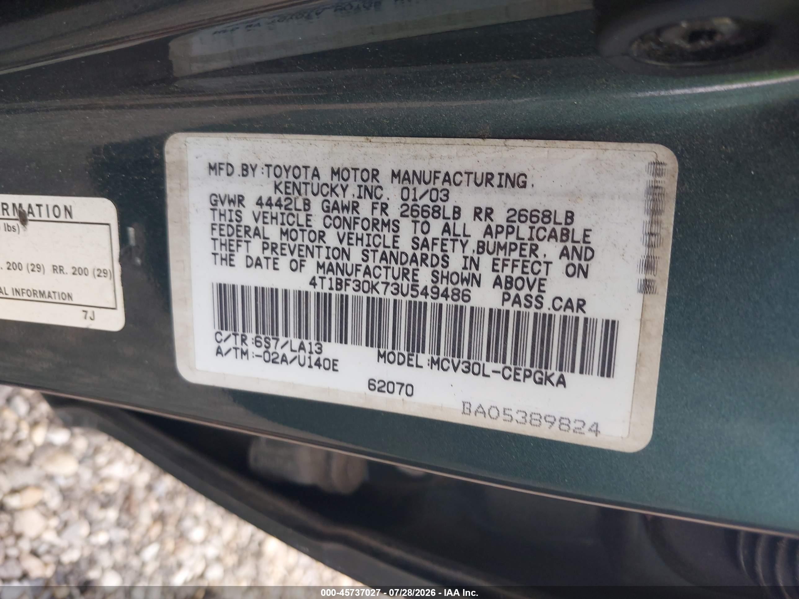 2003 Toyota Camry Xle V6 Green vin: 4T1BF30K73U549486