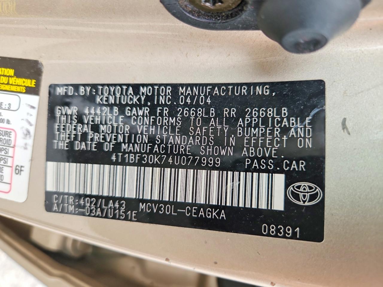 2004 Toyota Camry Tan vin: 4T1BF30K74U077999