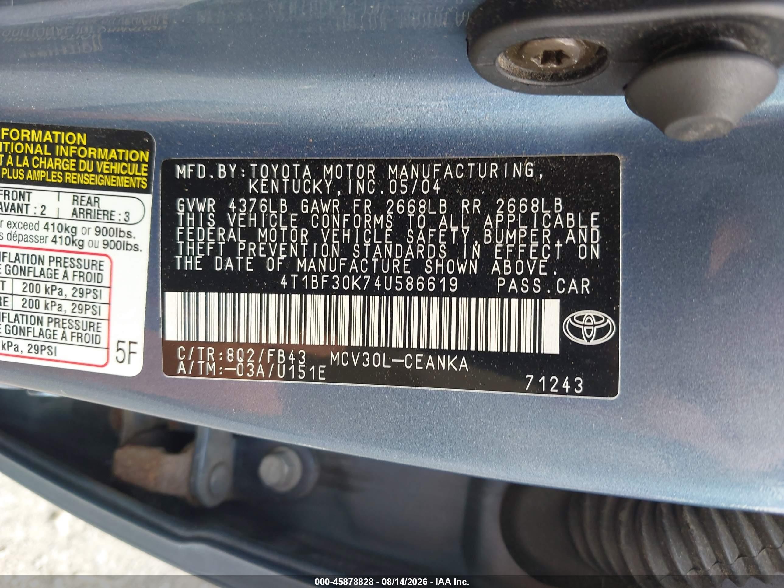 2004 Toyota Camry Le V6 Синий vin: 4T1BF30K74U586619