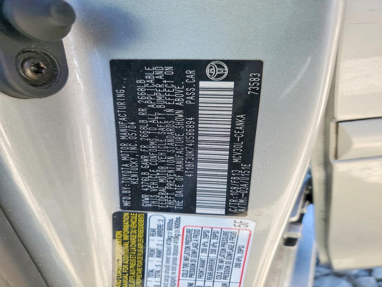 2004 Toyota Camry Le V6 Серебряный vin: 4T1BF30K74U586894