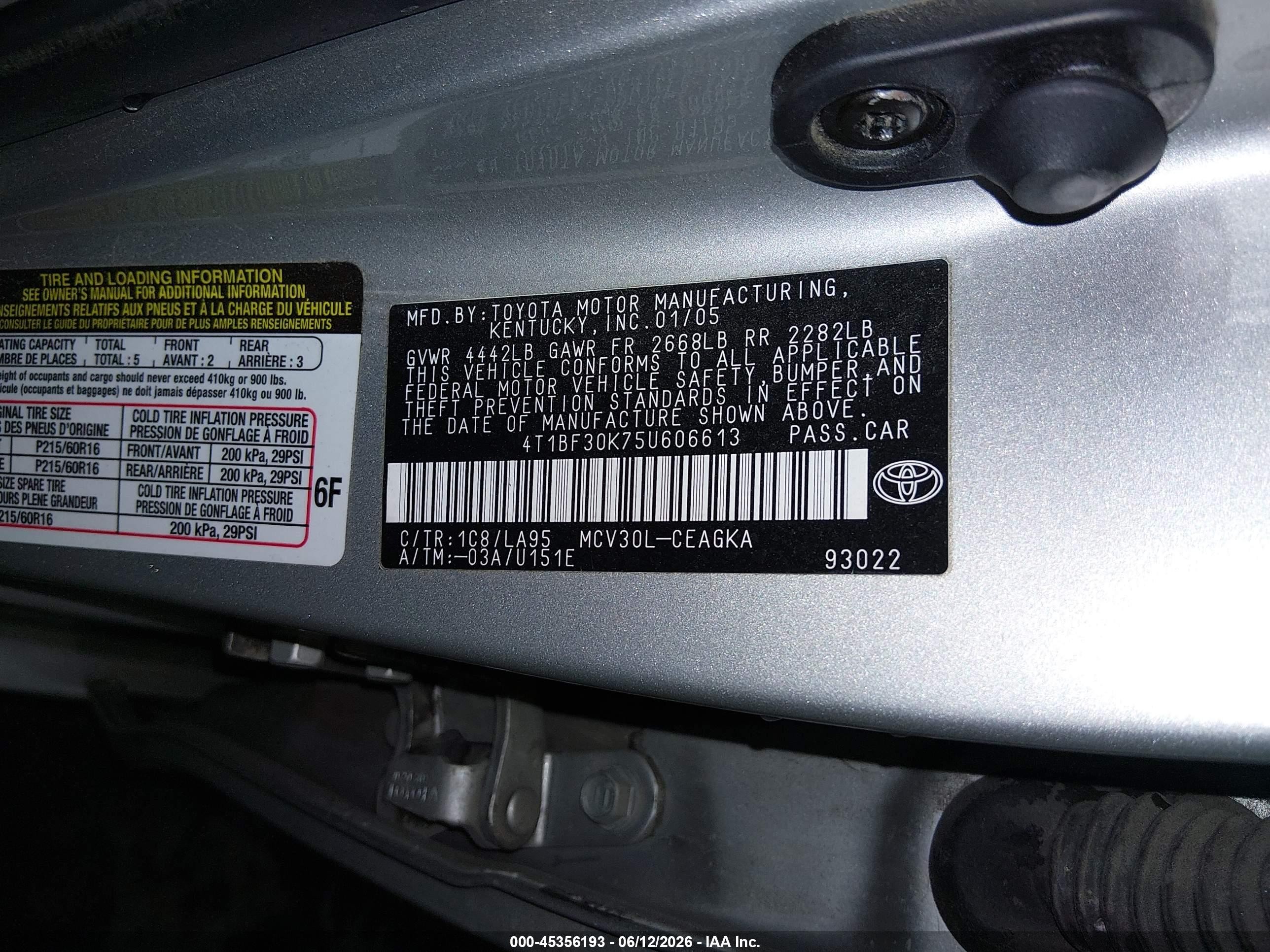 2005 Toyota Camry Xle V6 Silver vin: 4T1BF30K75U606613