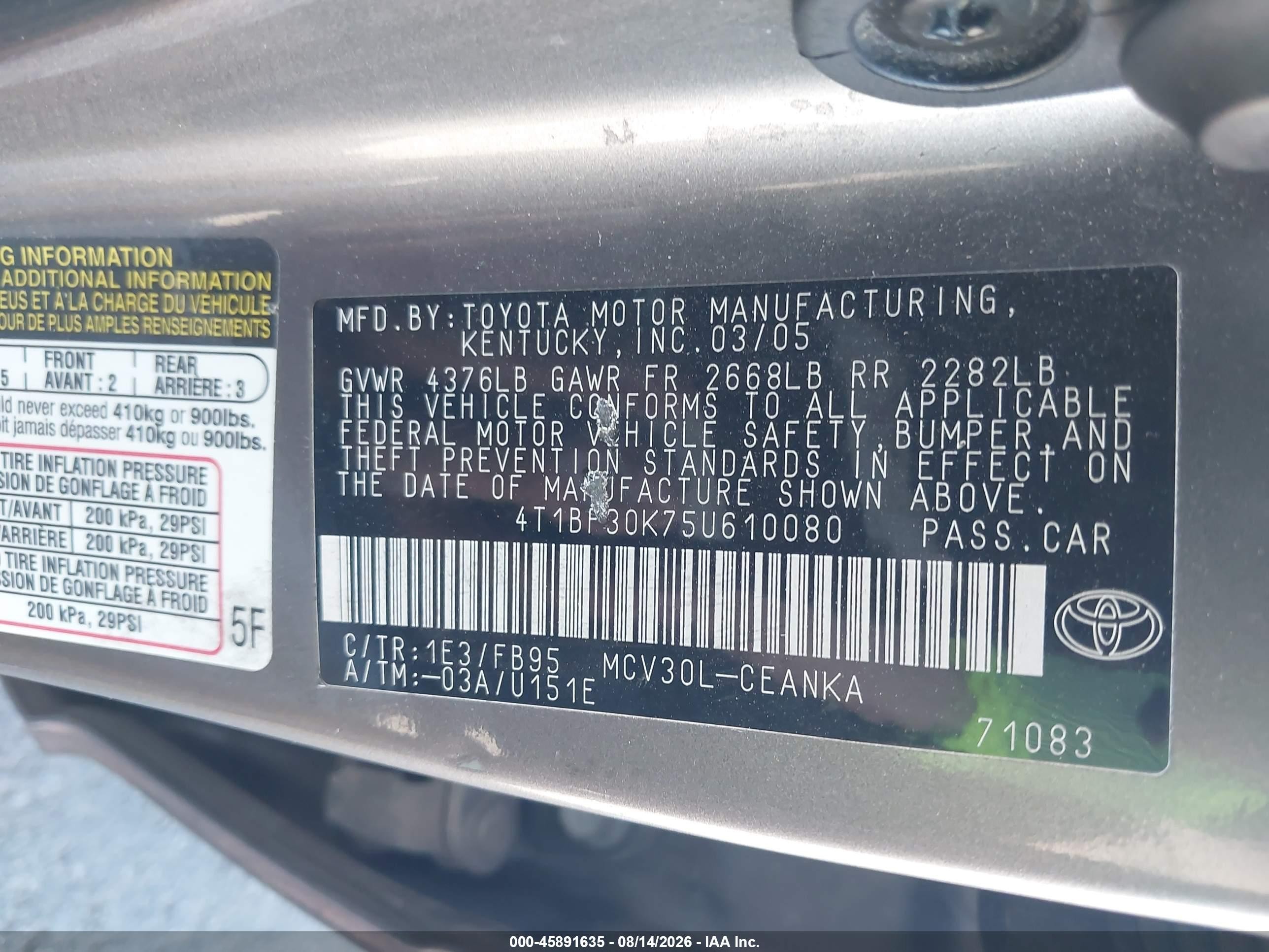 2005 Toyota Camry Le V6 Gray vin: 4T1BF30K75U610080