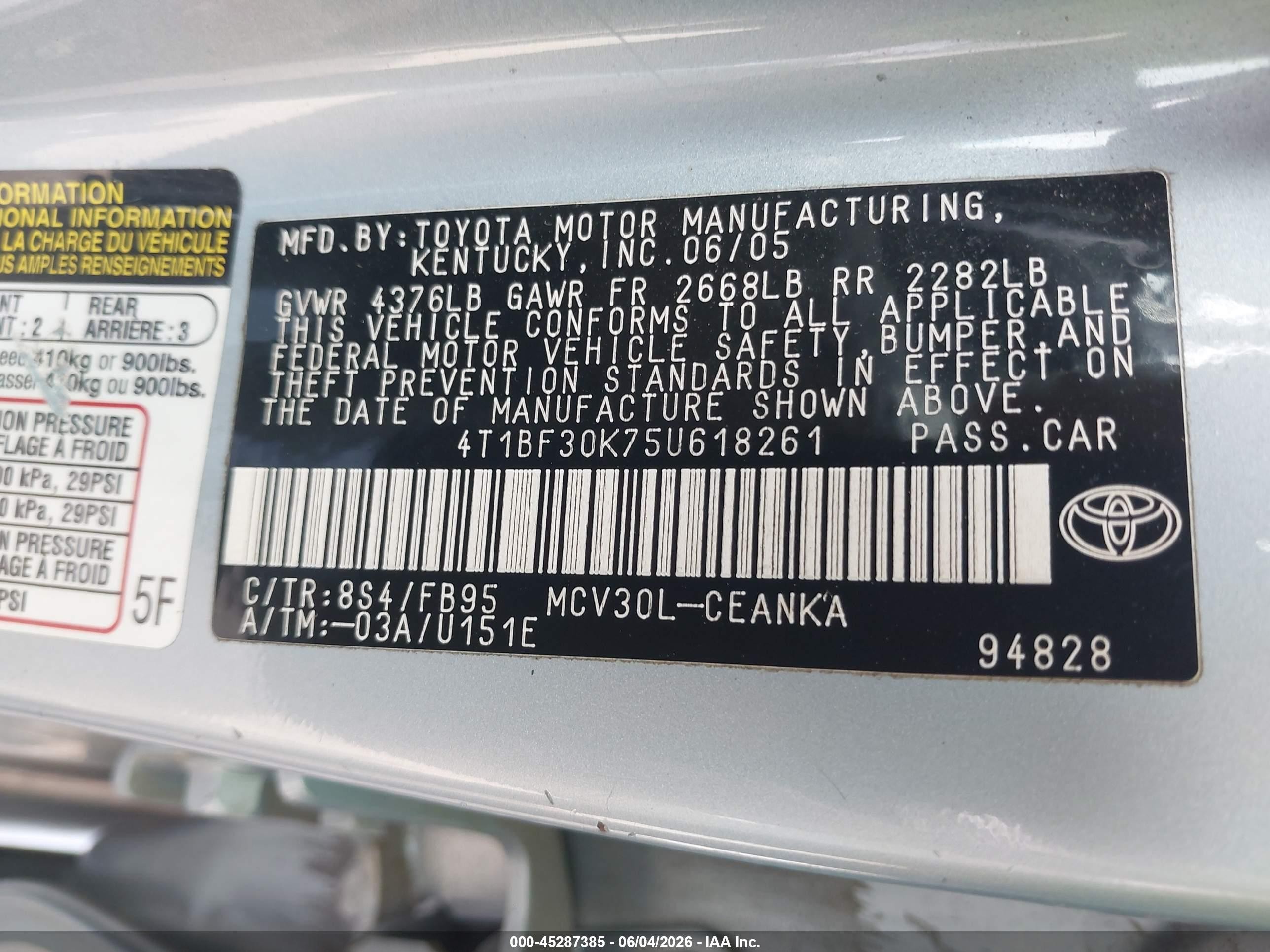 2005 Toyota Camry Le V6 Light Blue vin: 4T1BF30K75U618261