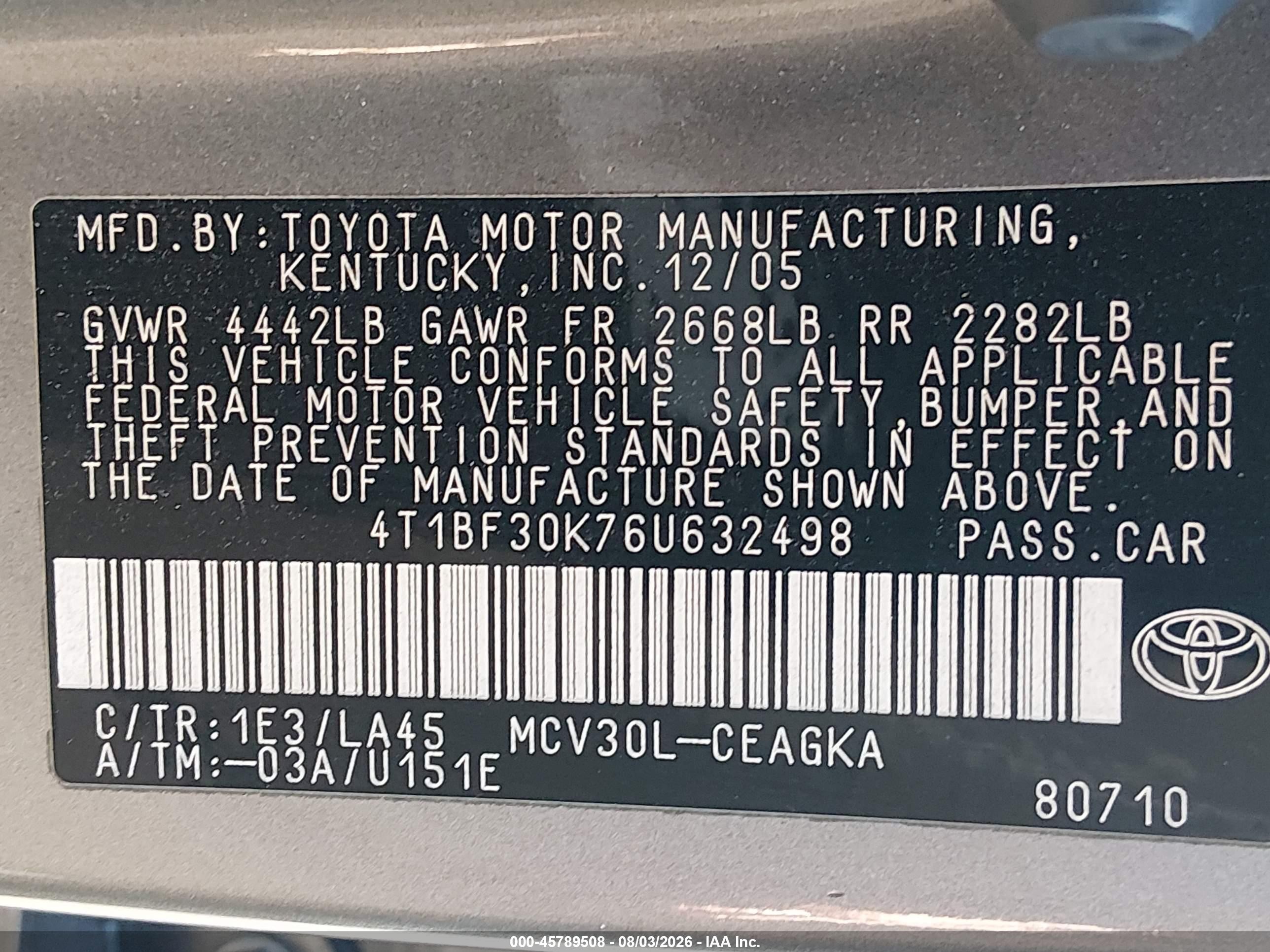2006 Toyota Camry Xle V6 Gray vin: 4T1BF30K76U632498