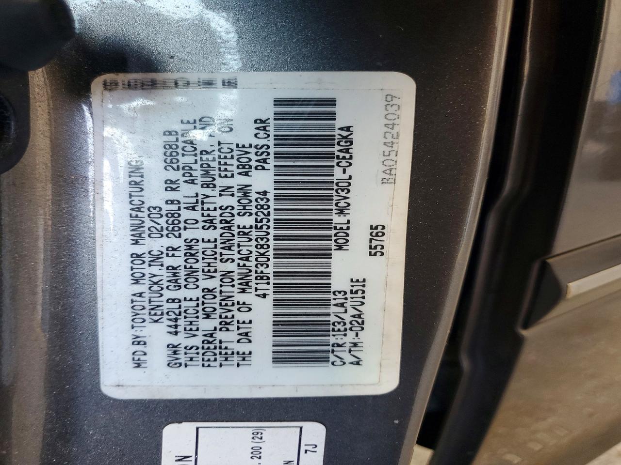 2003 Toyota Camry Xle V6 Gray vin: 4T1BF30K83U552834