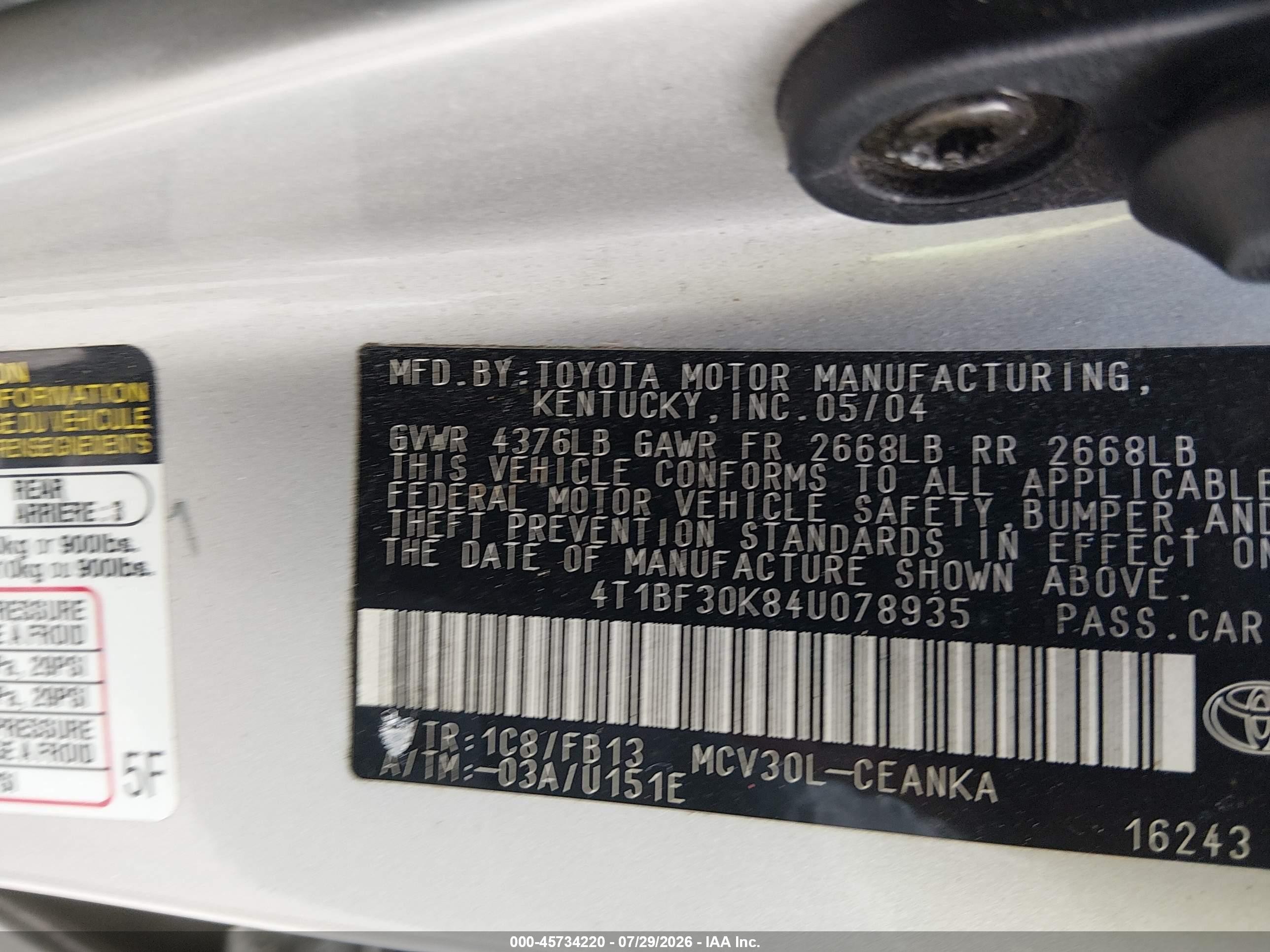 2004 Toyota Camry Le V6 Silver vin: 4T1BF30K84U078935
