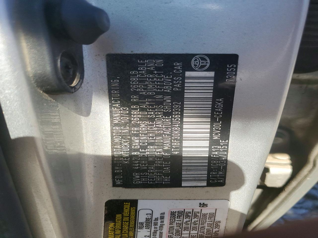 2004 Toyota Camry Xle V6 Silver vin: 4T1BF30K84U569392