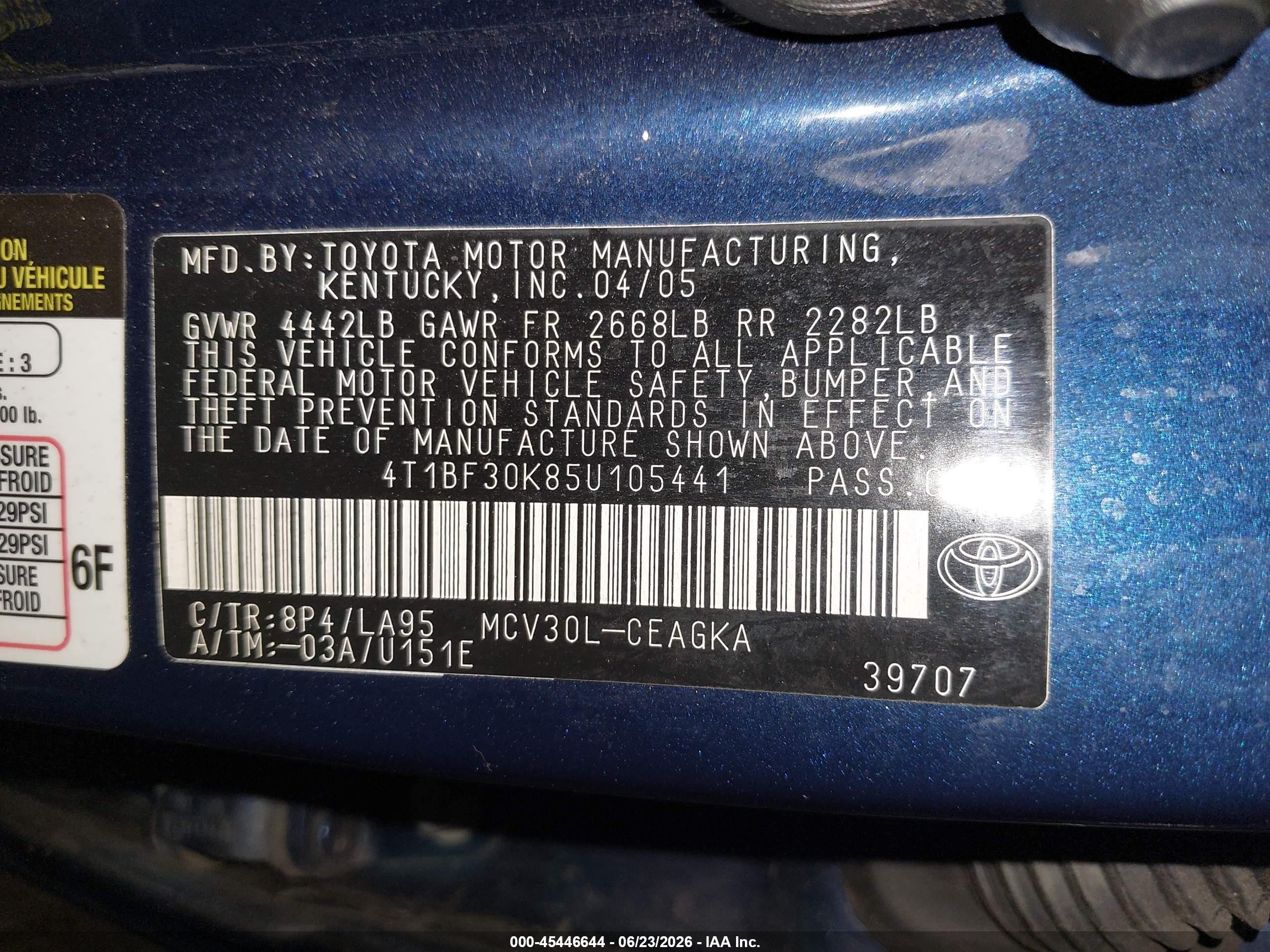 2005 Toyota Camry Xle V6 Dark Blue vin: 4T1BF30K85U105441