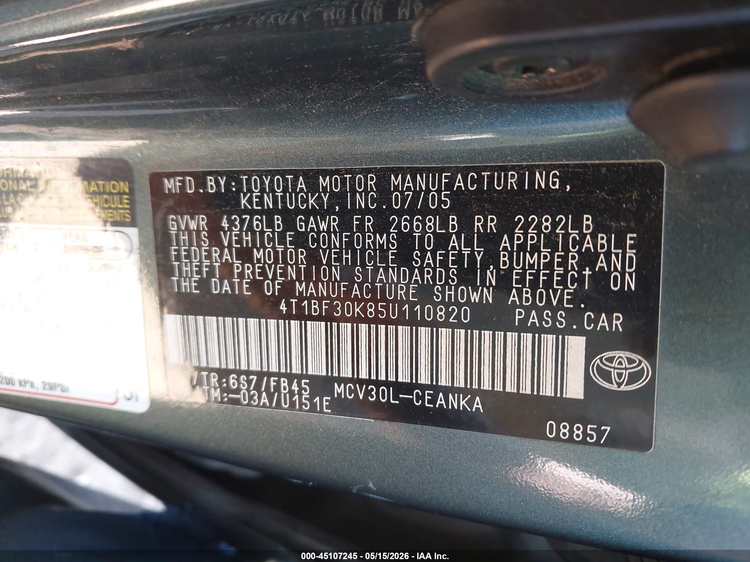 2005 Toyota Camry Le V6 Зеленый vin: 4T1BF30K85U110820