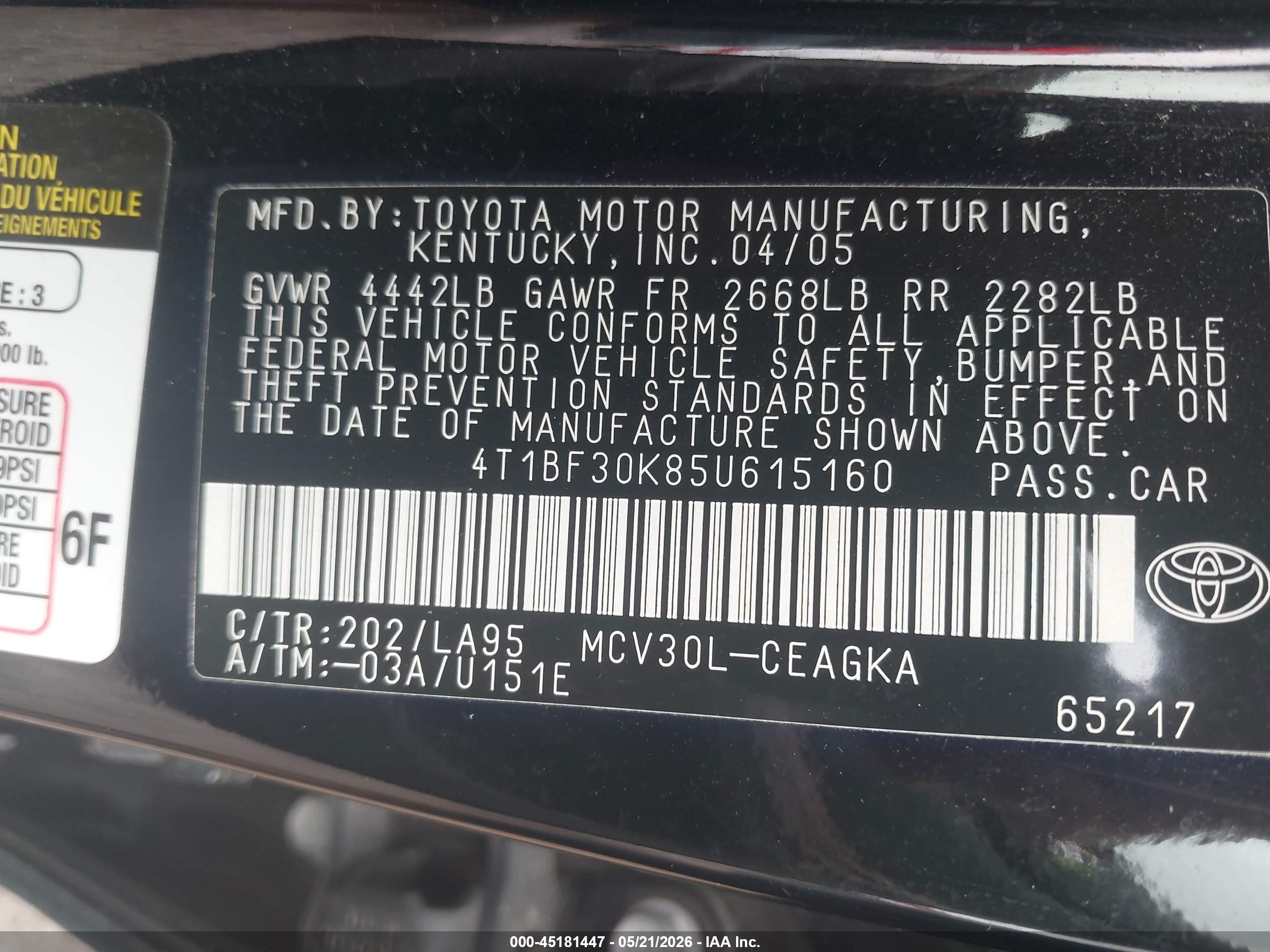 2005 Toyota Camry Xle V6 Black vin: 4T1BF30K85U615160