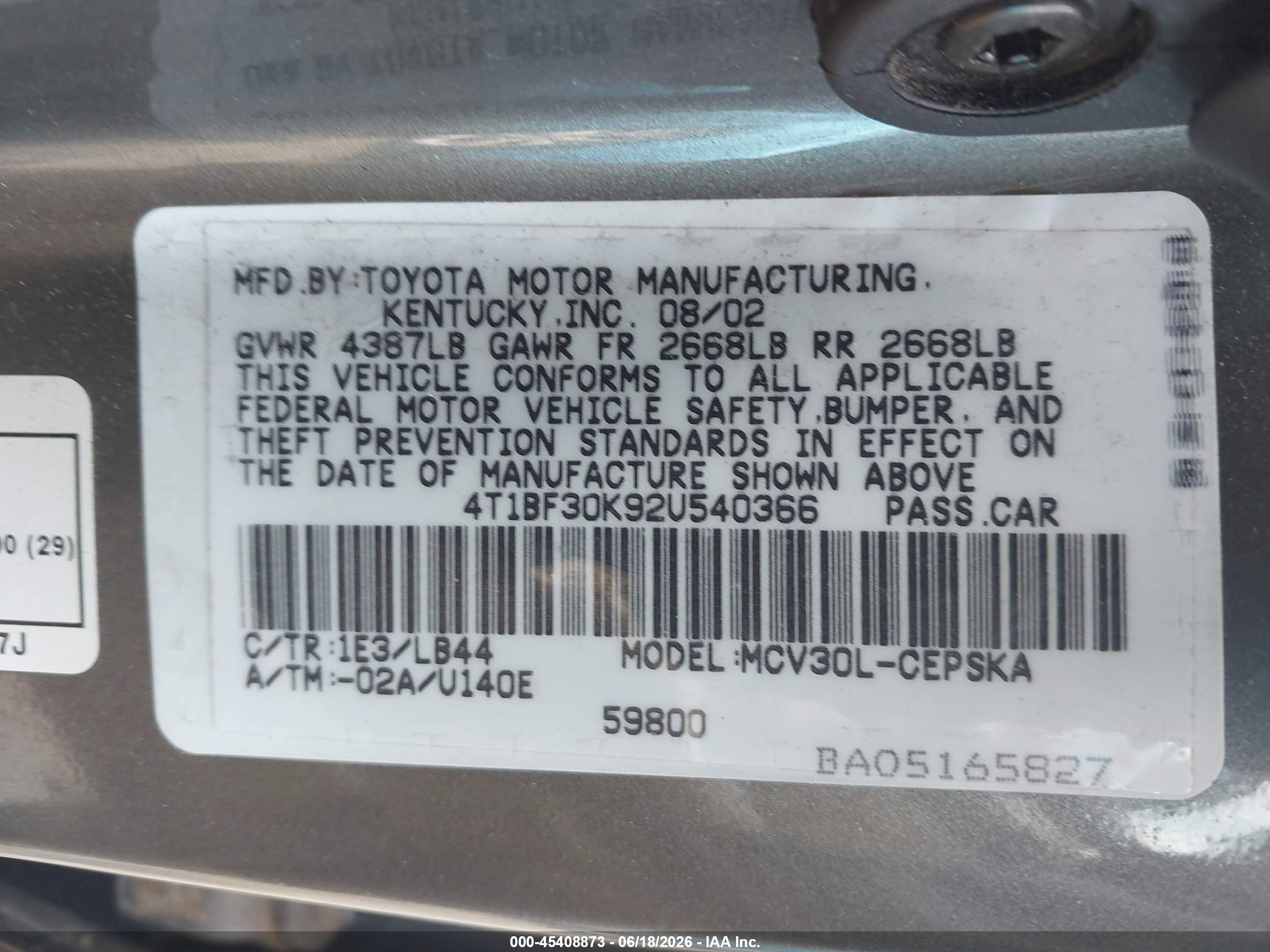 2002 Toyota Camry Se V6 Gray vin: 4T1BF30K92U540366