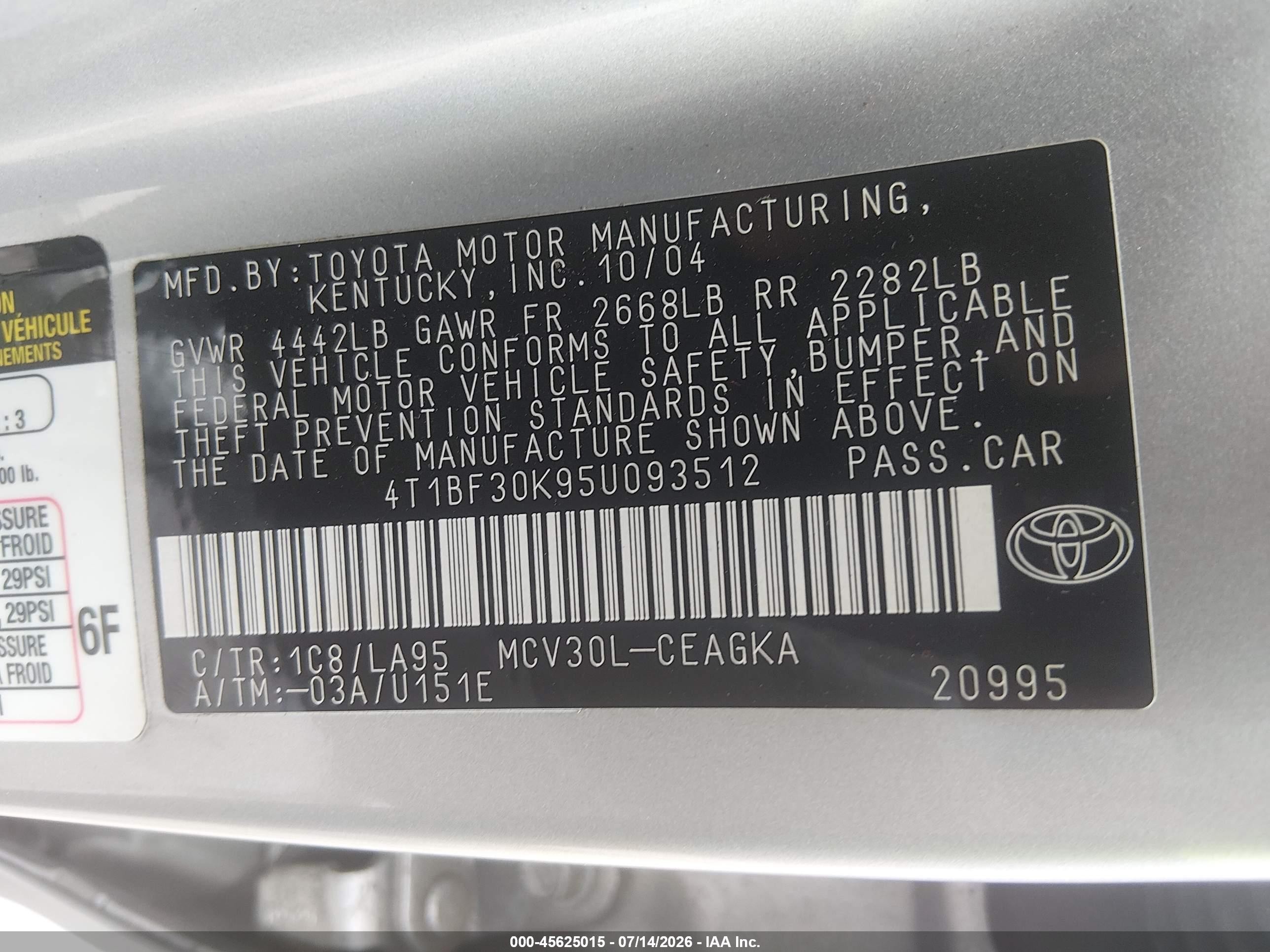 2005 Toyota Camry Xle V6 Gray vin: 4T1BF30K95U093512