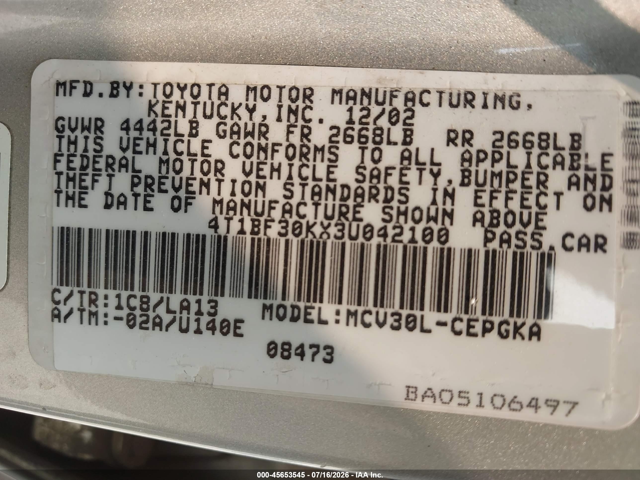 2003 Toyota Camry Xle V6 Silver vin: 4T1BF30KX3U042100