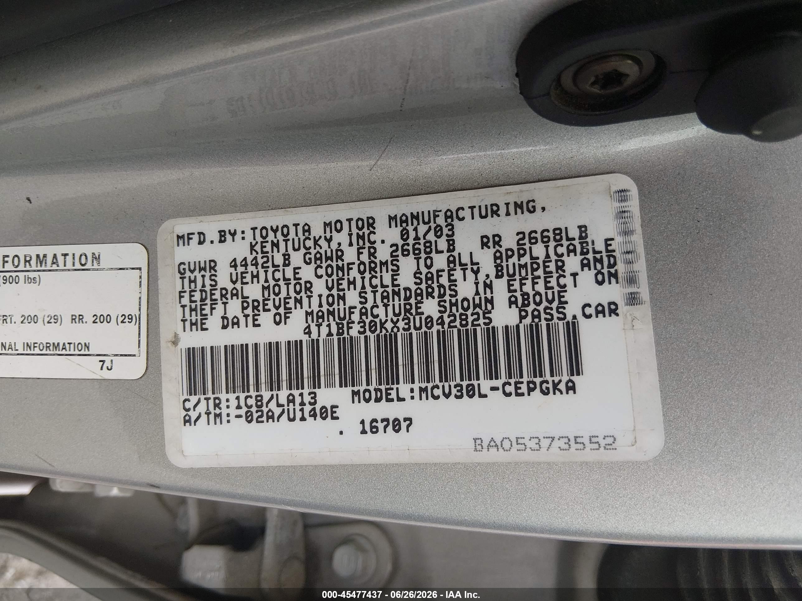 2003 Toyota Camry Xle V6 Silver vin: 4T1BF30KX3U042825
