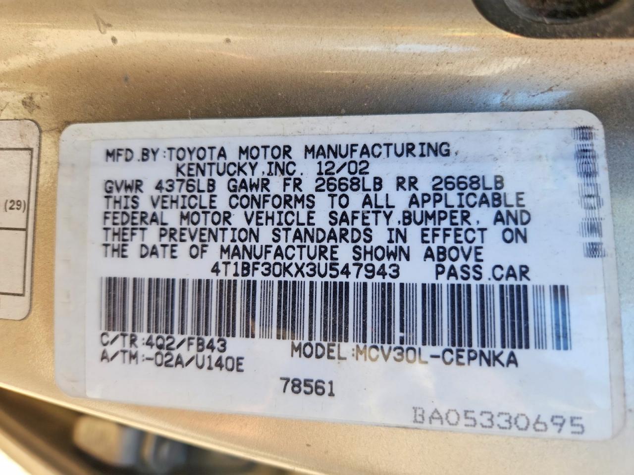2003 Toyota Camry Le V6 Tan vin: 4T1BF30KX3U547943