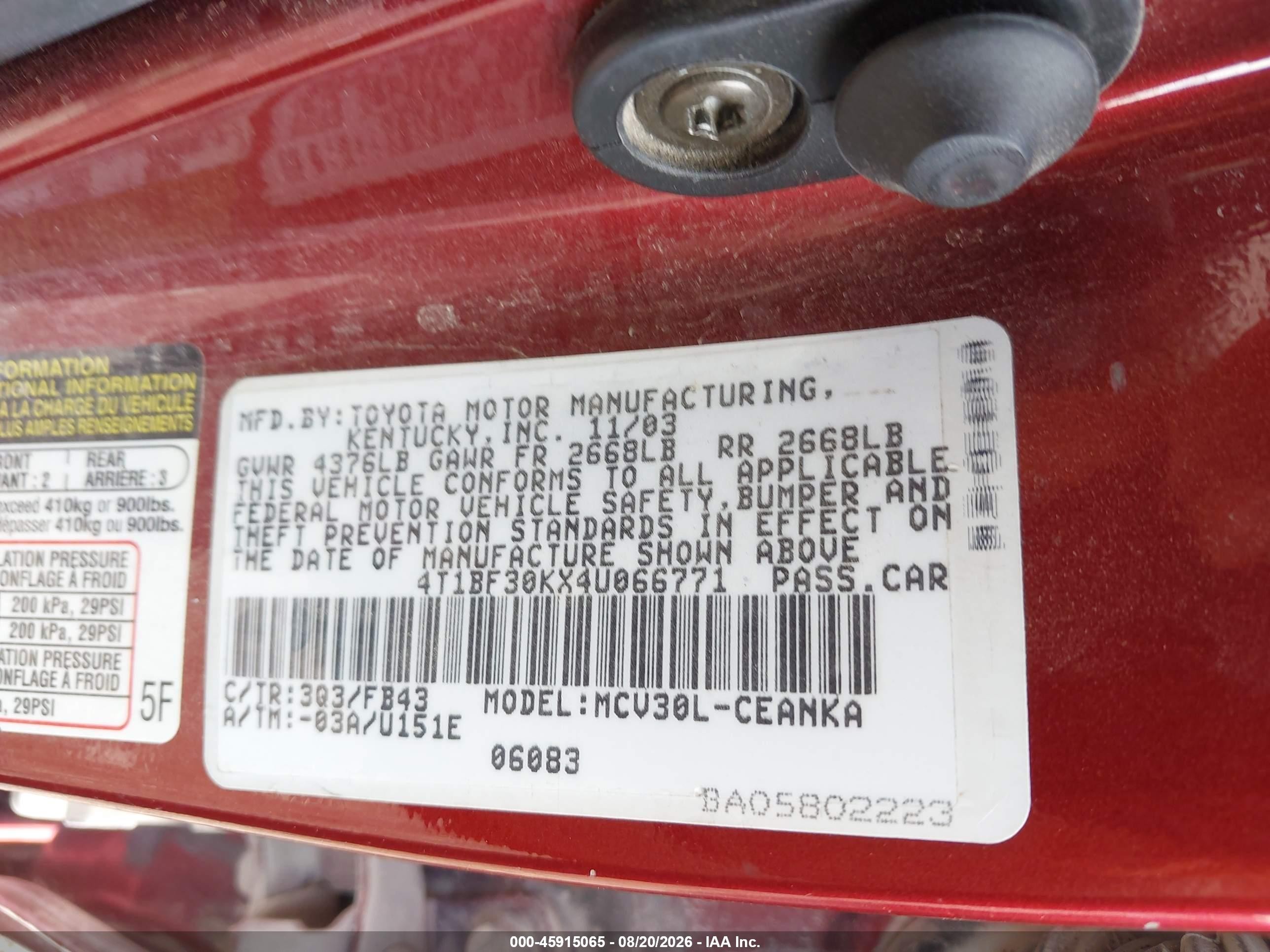 2004 Toyota Camry Le V6 Red vin: 4T1BF30KX4U066771