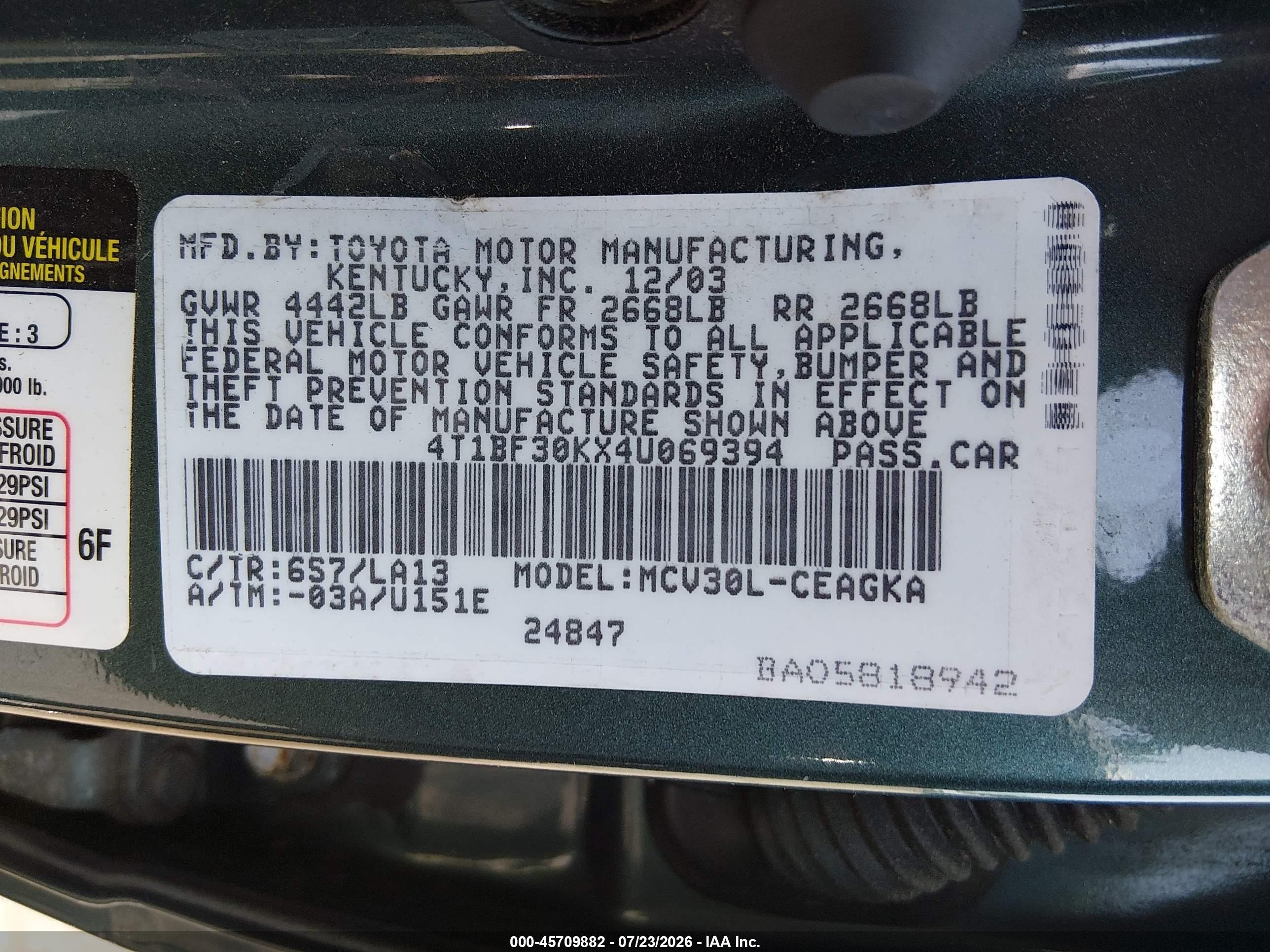2004 Toyota Camry Xle V6 Green vin: 4T1BF30KX4U069394