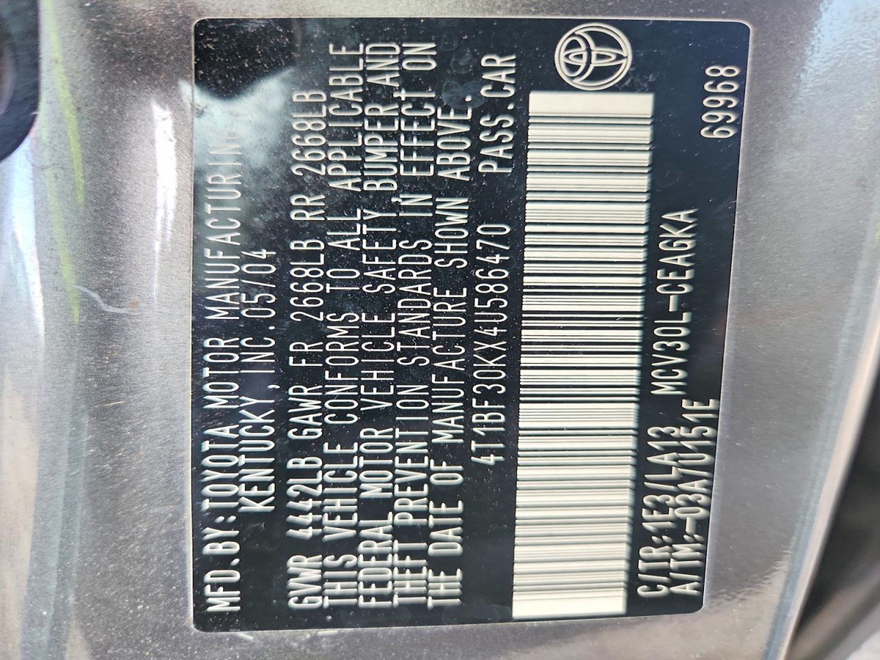 2004 Toyota Camry Xle V6 Серый vin: 4T1BF30KX4U586470