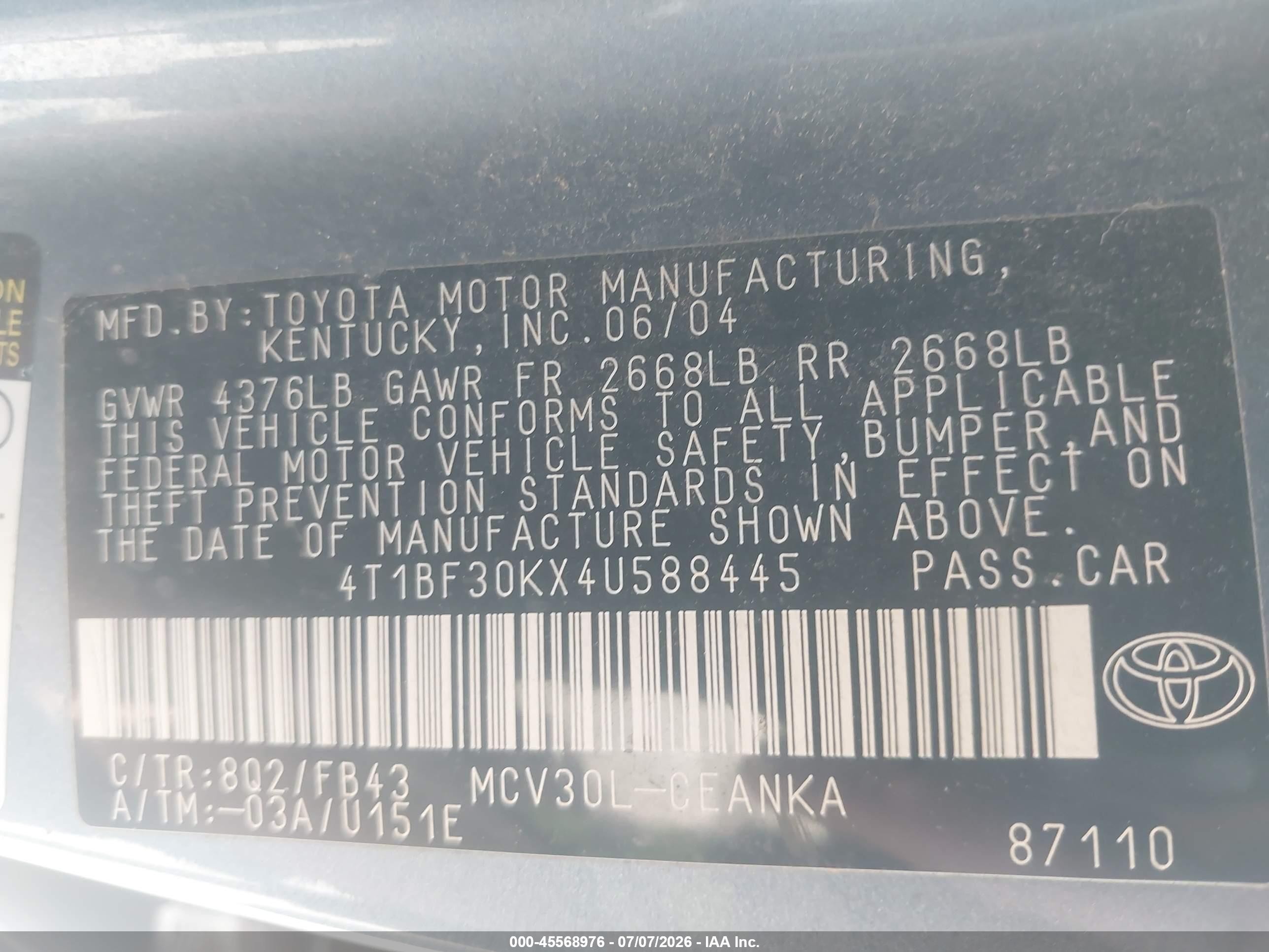 2004 Toyota Camry Le V6 Blue vin: 4T1BF30KX4U588445