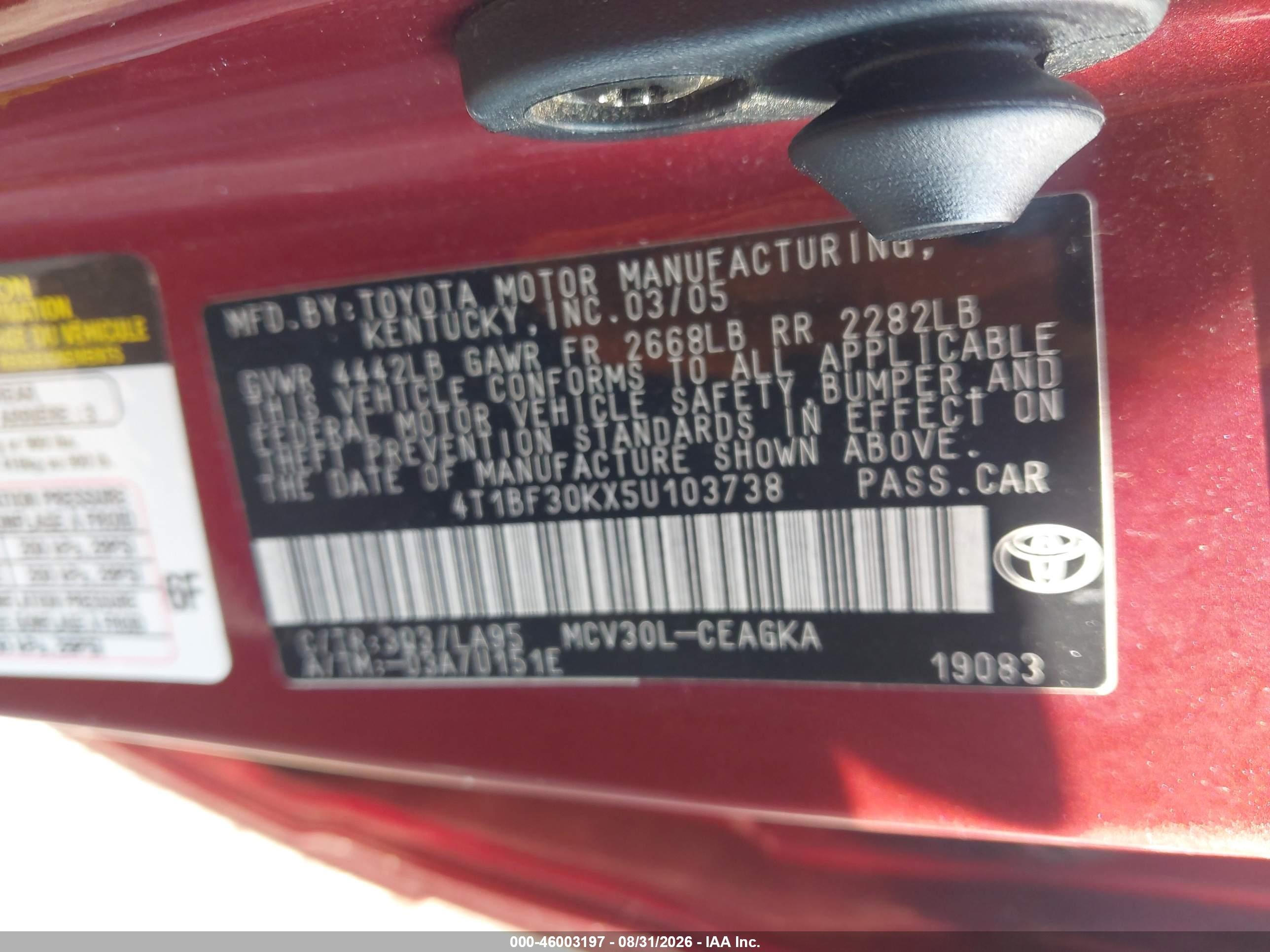 2005 Toyota Camry Xle V6 Maroon vin: 4T1BF30KX5U103738