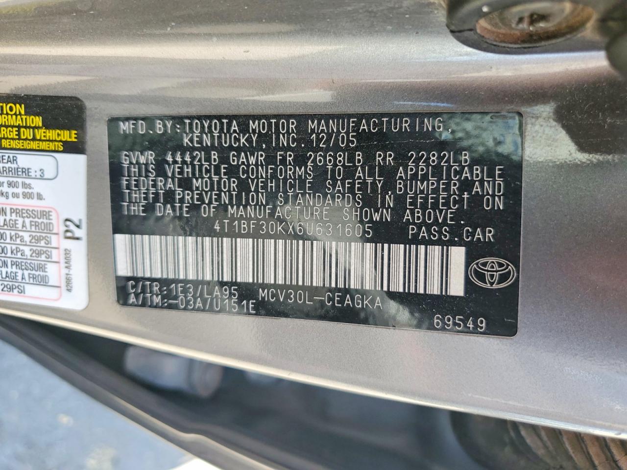 2006 Toyota Camry Xle V6 Silver vin: 4T1BF30KX6U631605