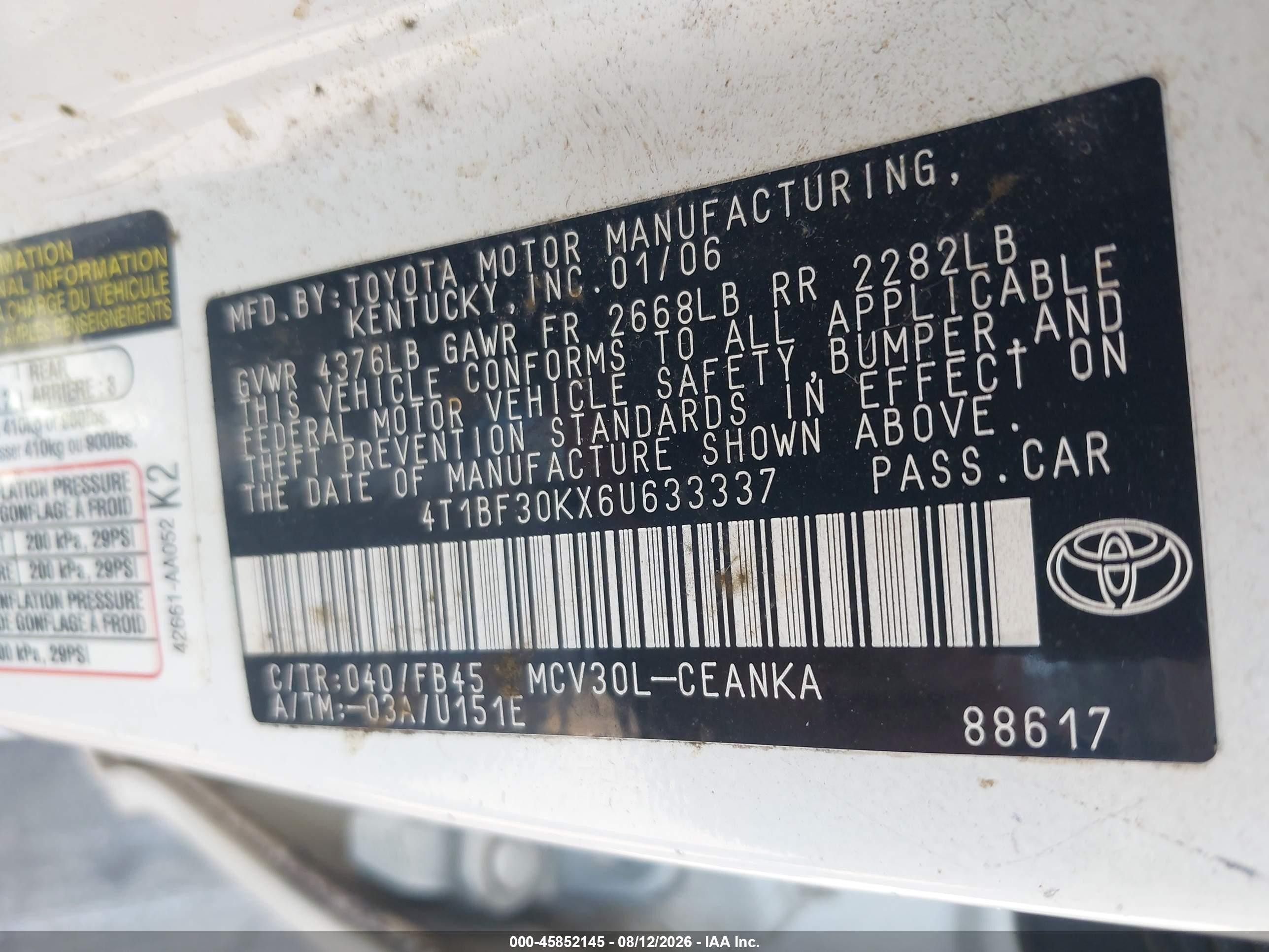2006 Toyota Camry Le V6 White vin: 4T1BF30KX6U633337