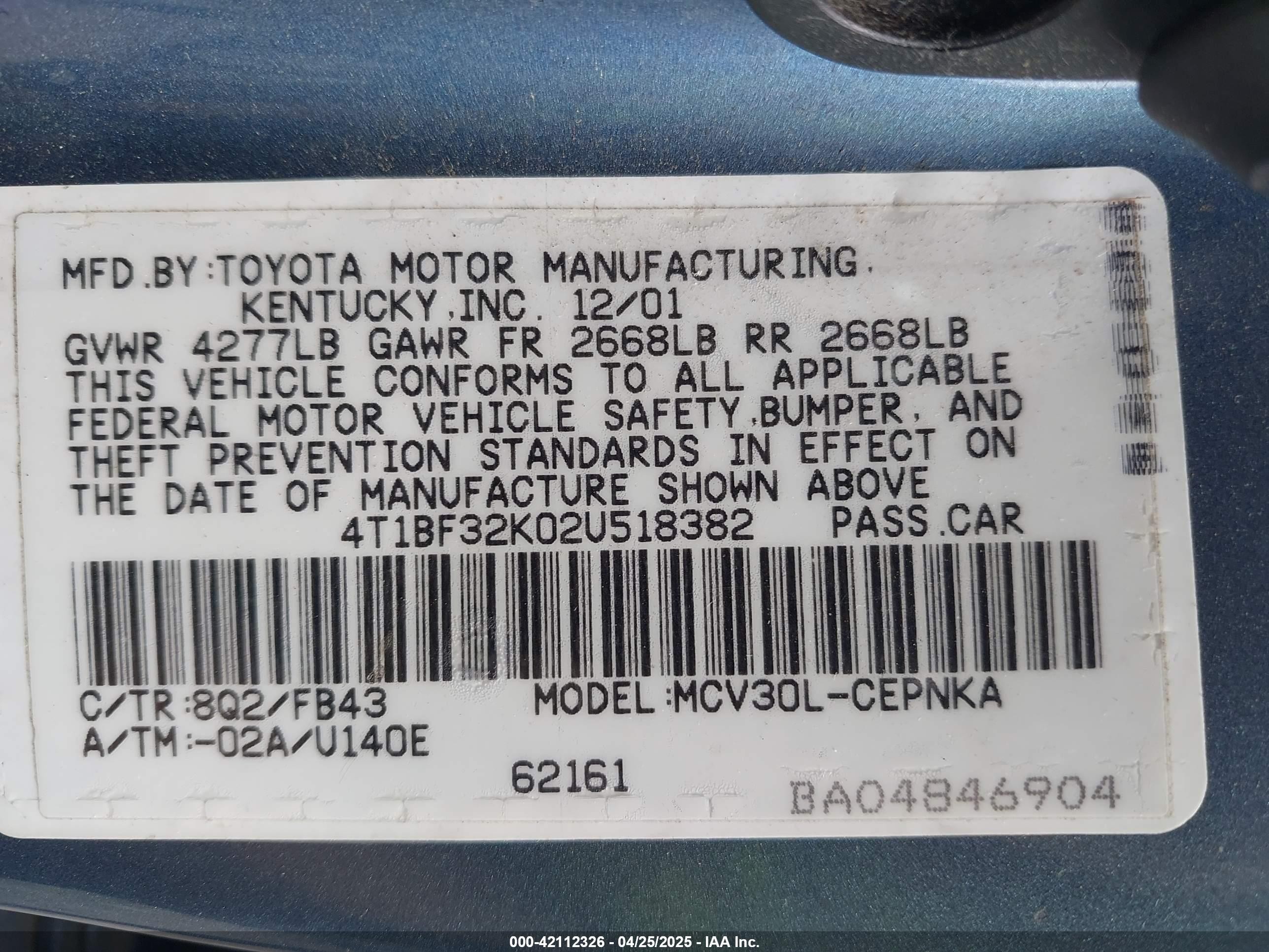 2002 Toyota Camry Le V6 Light Blue vin: 4T1BF32K02U518382