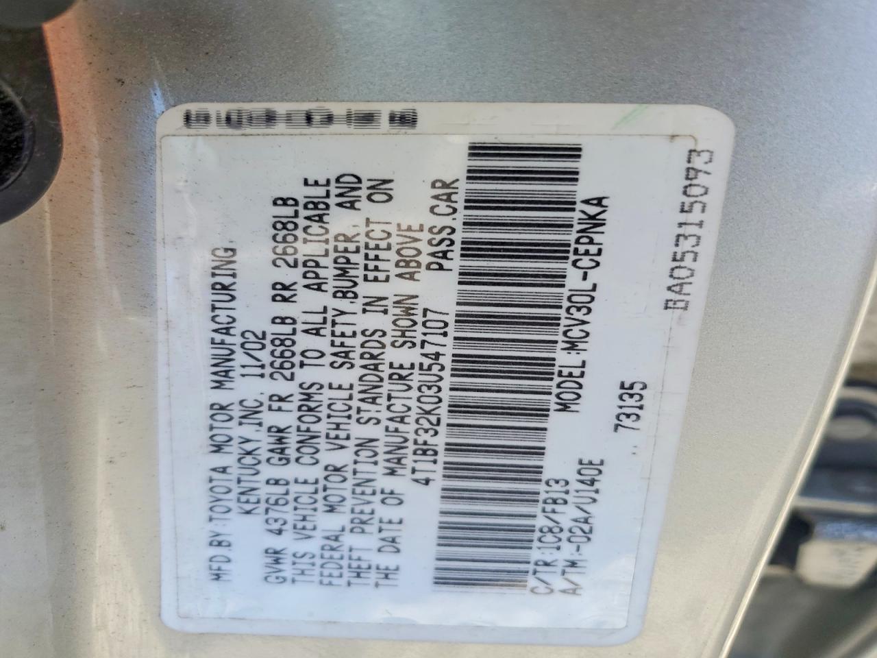 2003 Toyota Camry Le V6 Silver vin: 4T1BF32K03U547107