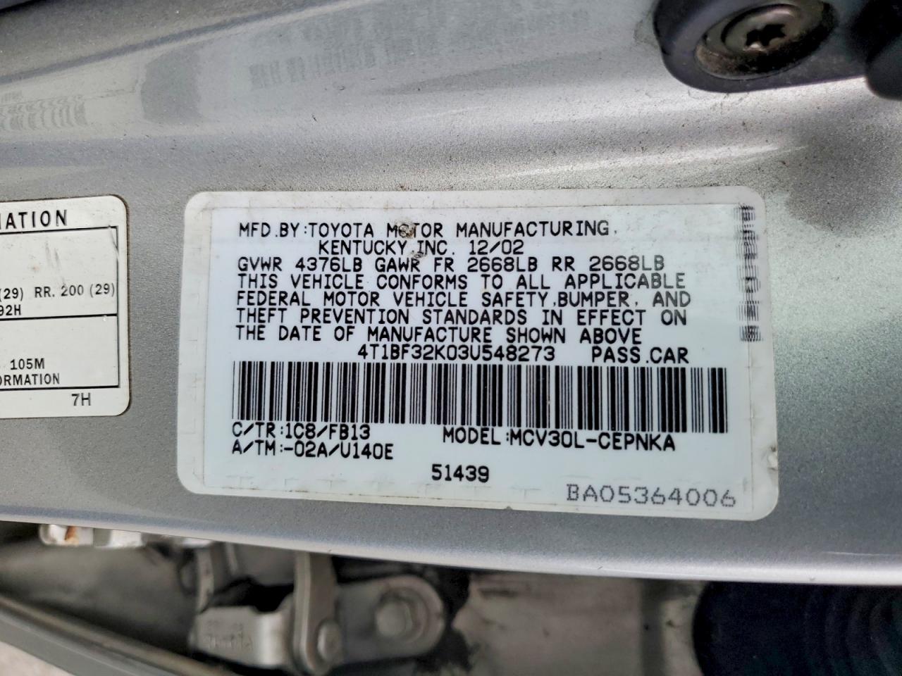 2003 Toyota Camry Silver vin: 4T1BF32K03U548273