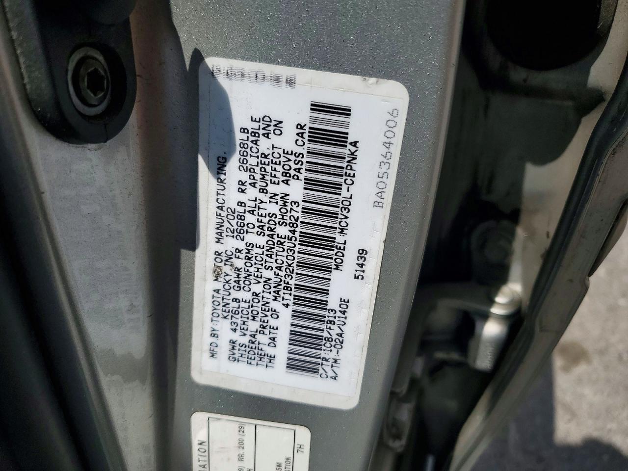 2003 Toyota Camry Le/xle/se Silver vin: 4T1BF32K03U548273