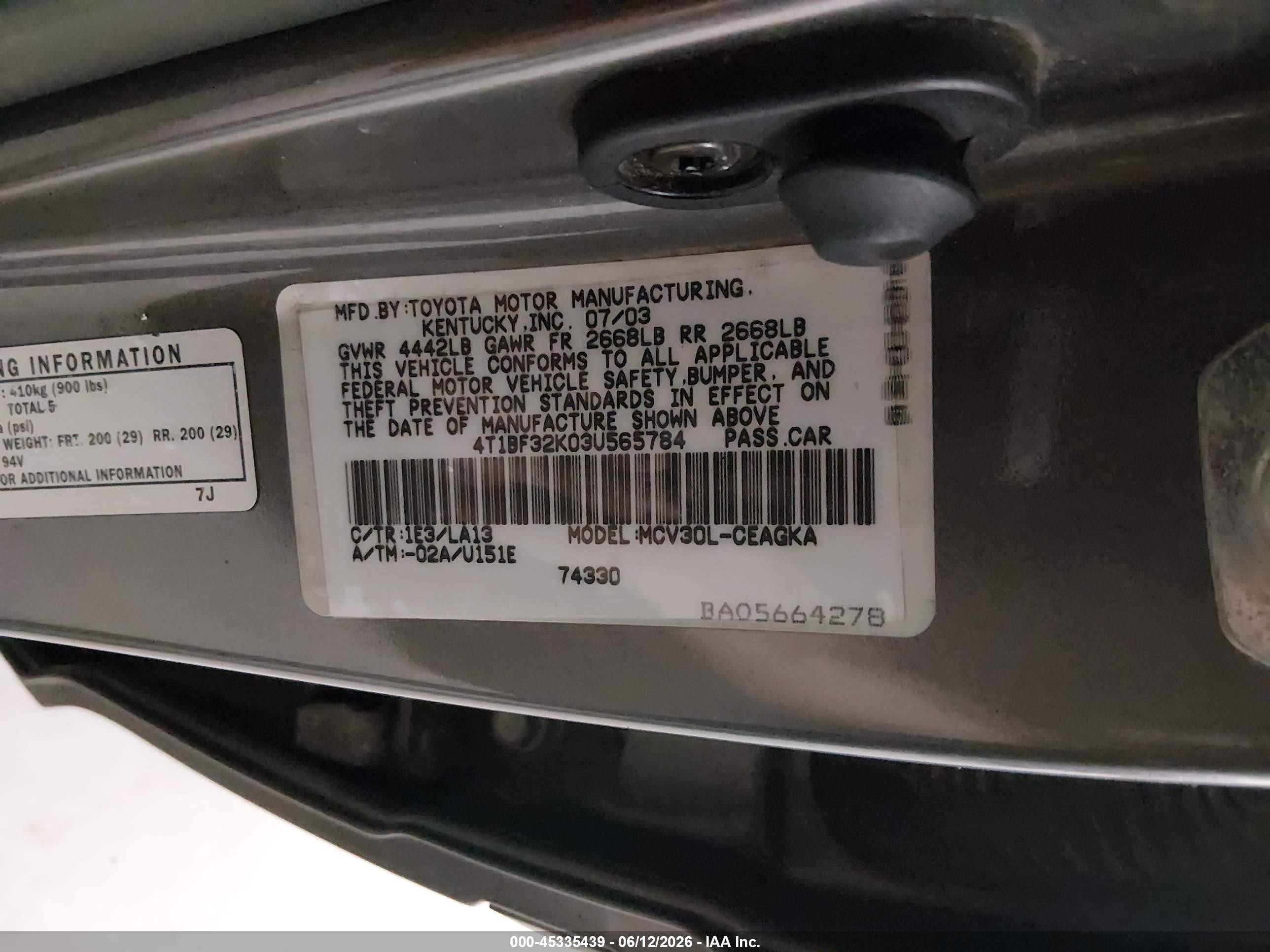 2003 Toyota Camry Xle V6 Gray vin: 4T1BF32K03U565784