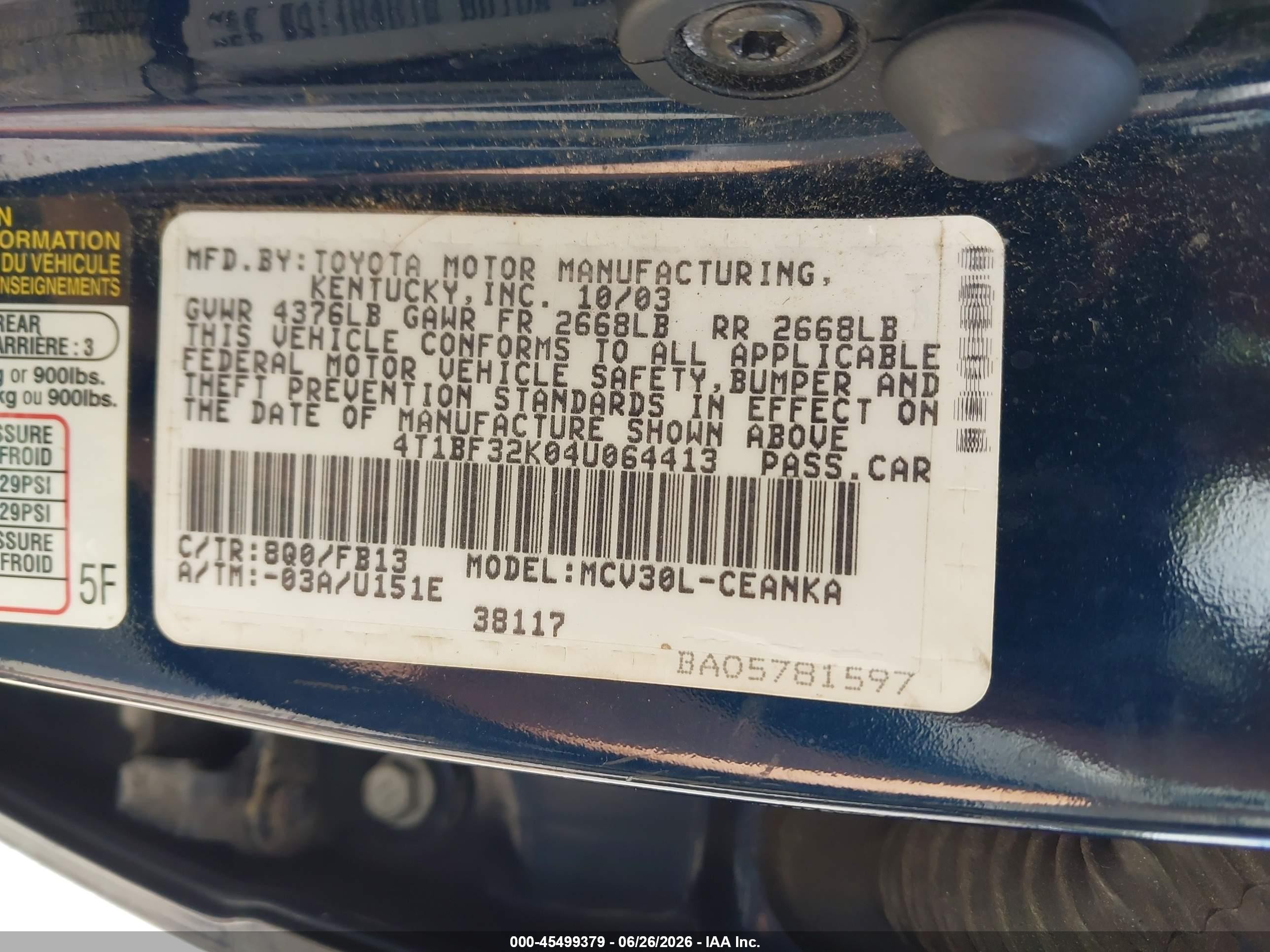 2004 Toyota Camry Le V6 Blue vin: 4T1BF32K04U064413