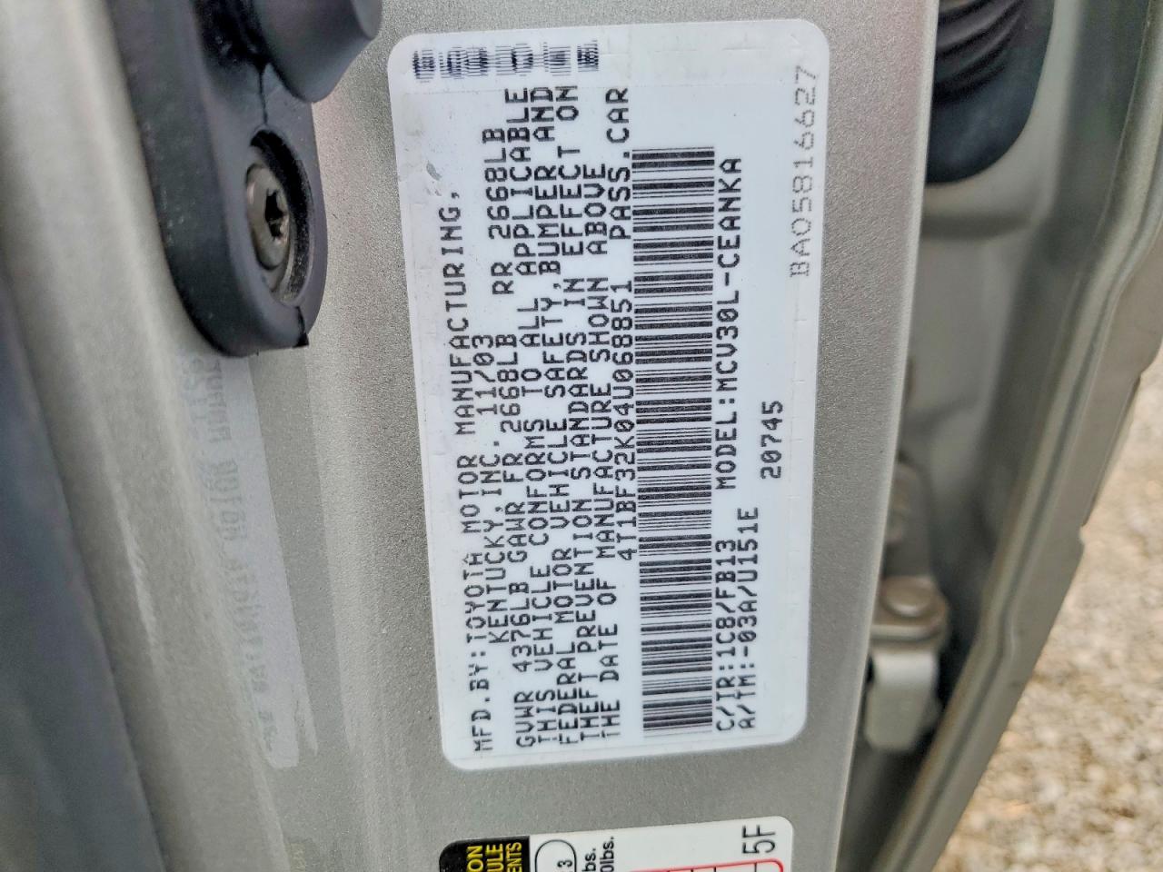2004 Toyota Camry Le V6 Silver vin: 4T1BF32K04U068851