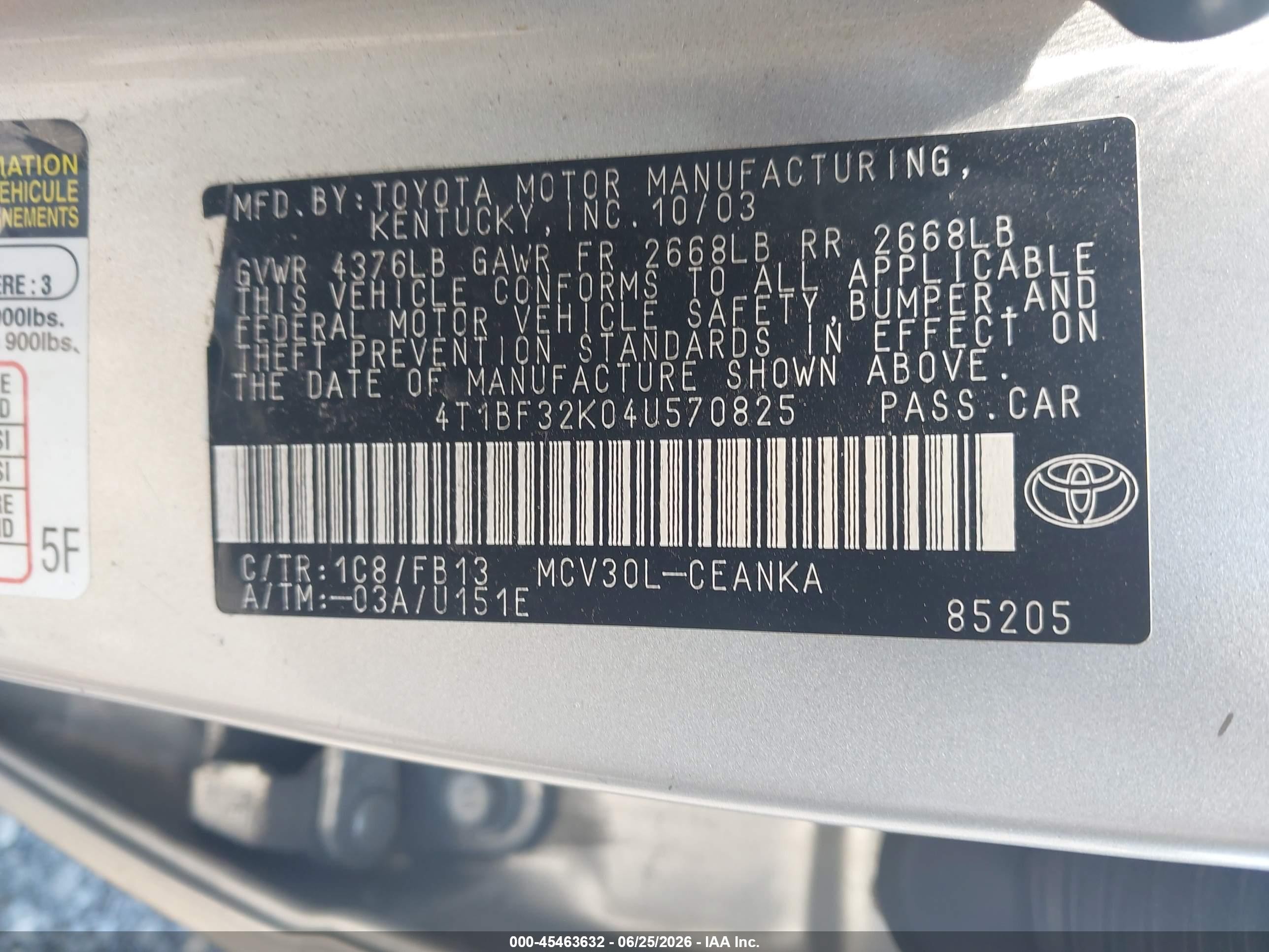2004 Toyota Camry Le V6 Серебряный vin: 4T1BF32K04U570825
