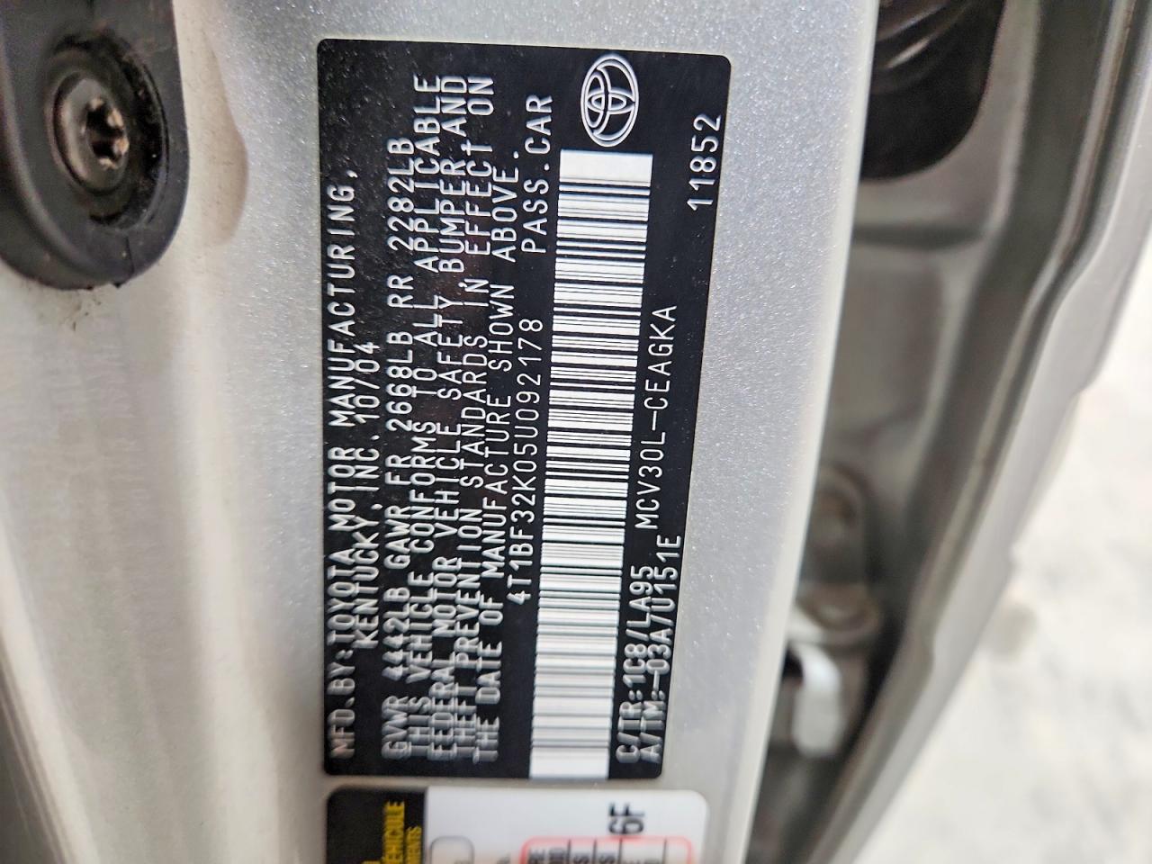2005 Toyota Camry Xle V6 Silver vin: 4T1BF32K05U092178