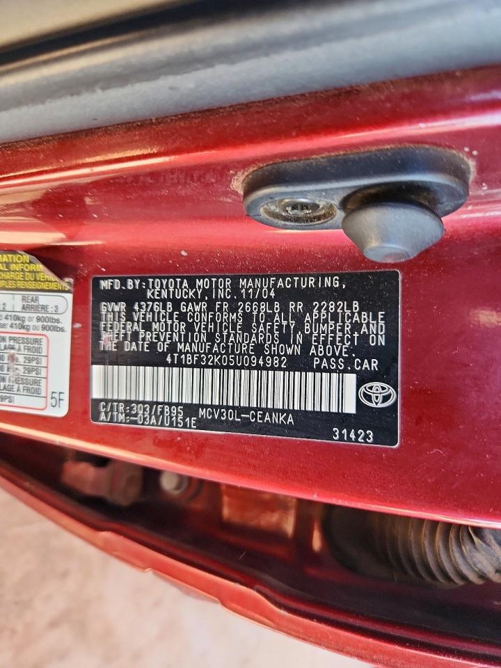 2005 Toyota Camry Le V6 Red vin: 4T1BF32K05U094982