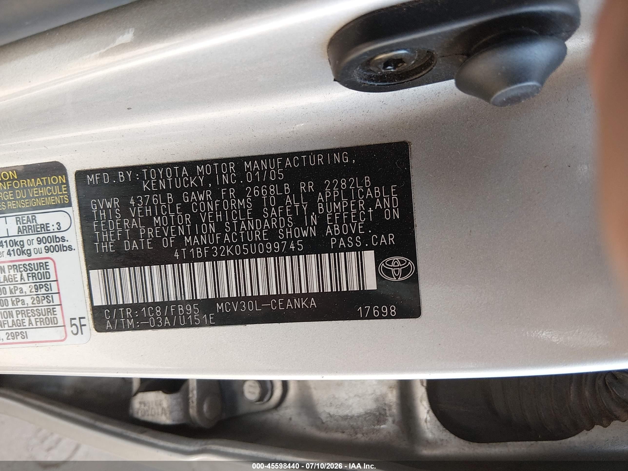 2005 Toyota Camry Le V6 Gray vin: 4T1BF32K05U099745