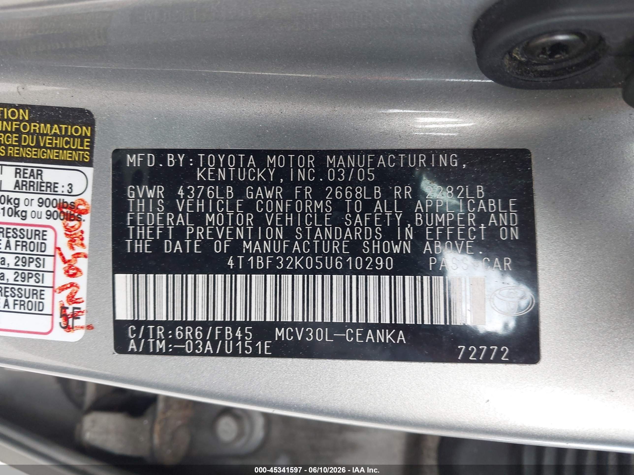 2005 Toyota Camry Le V6 Бирюзовый vin: 4T1BF32K05U610290