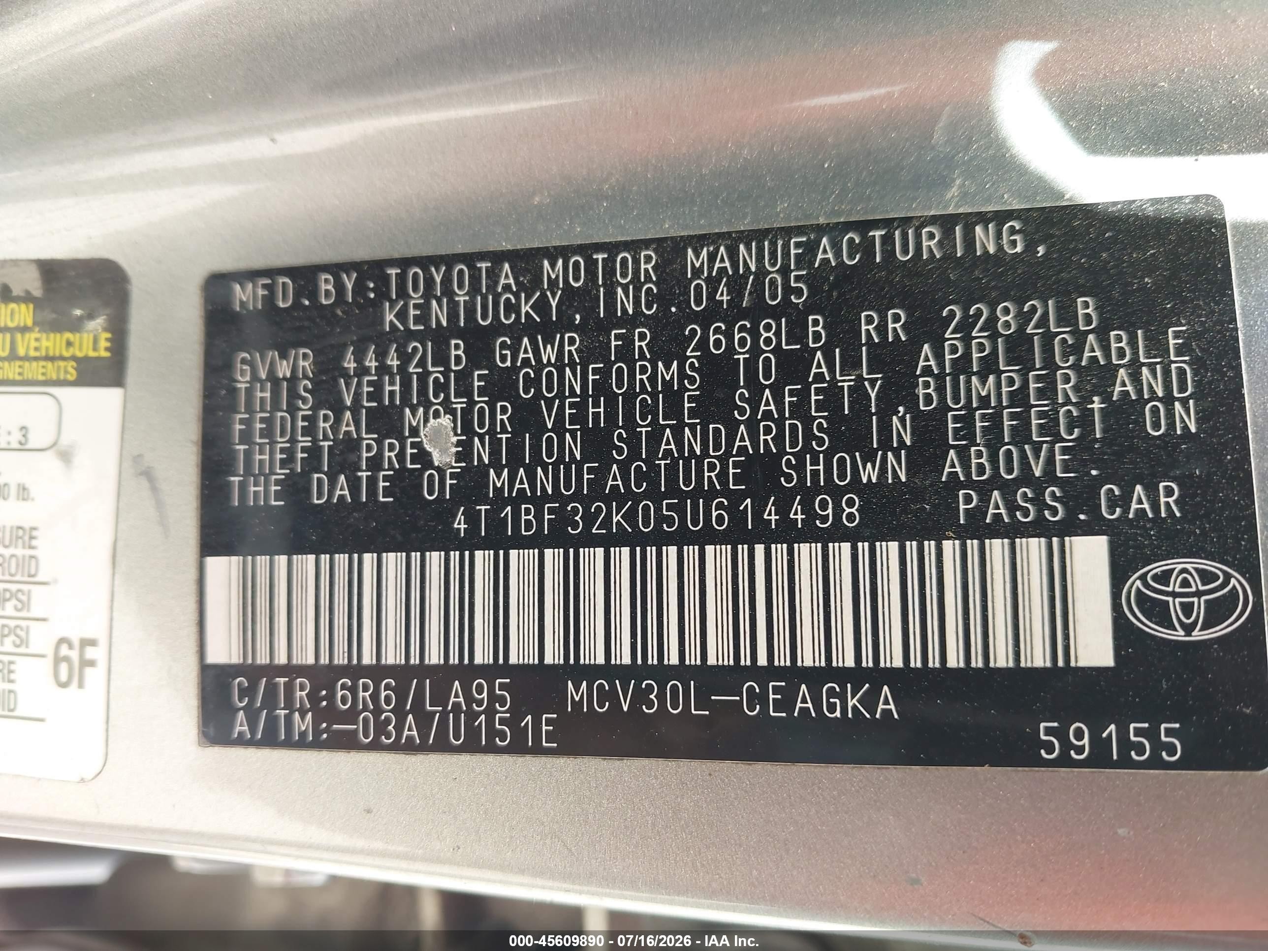 2005 Toyota Camry Xle V6 Silver vin: 4T1BF32K05U614498