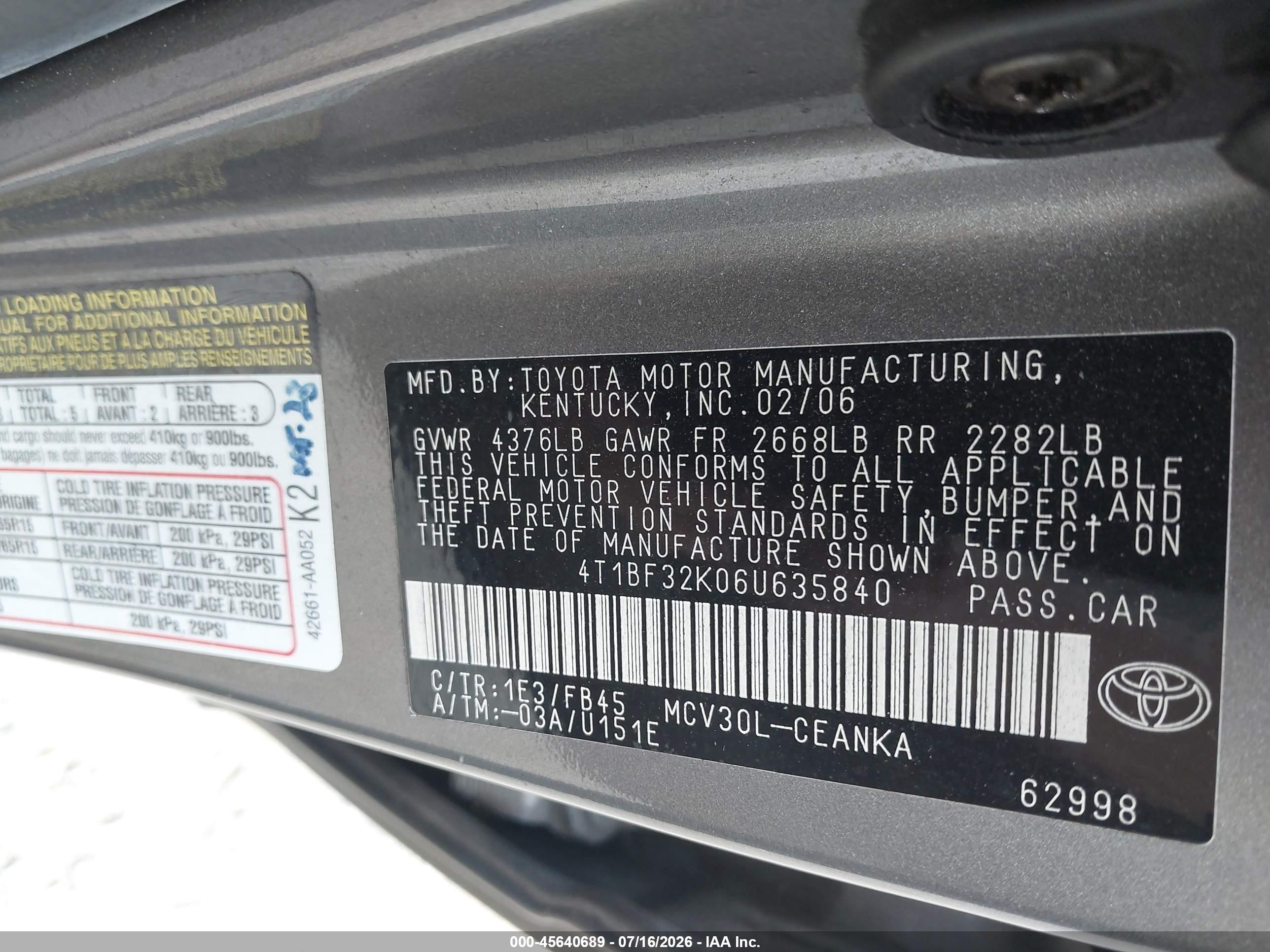 2006 Toyota Camry Le V6 Gray vin: 4T1BF32K06U635840