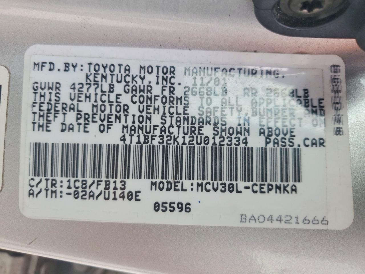 2002 Toyota Camry Le Серый vin: 4T1BF32K12U012334