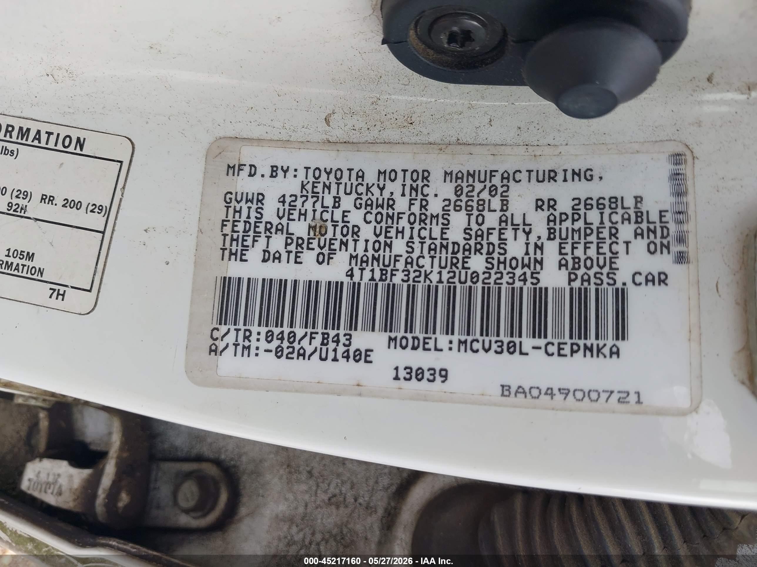 2002 Toyota Camry Le V6 Белый vin: 4T1BF32K12U022345